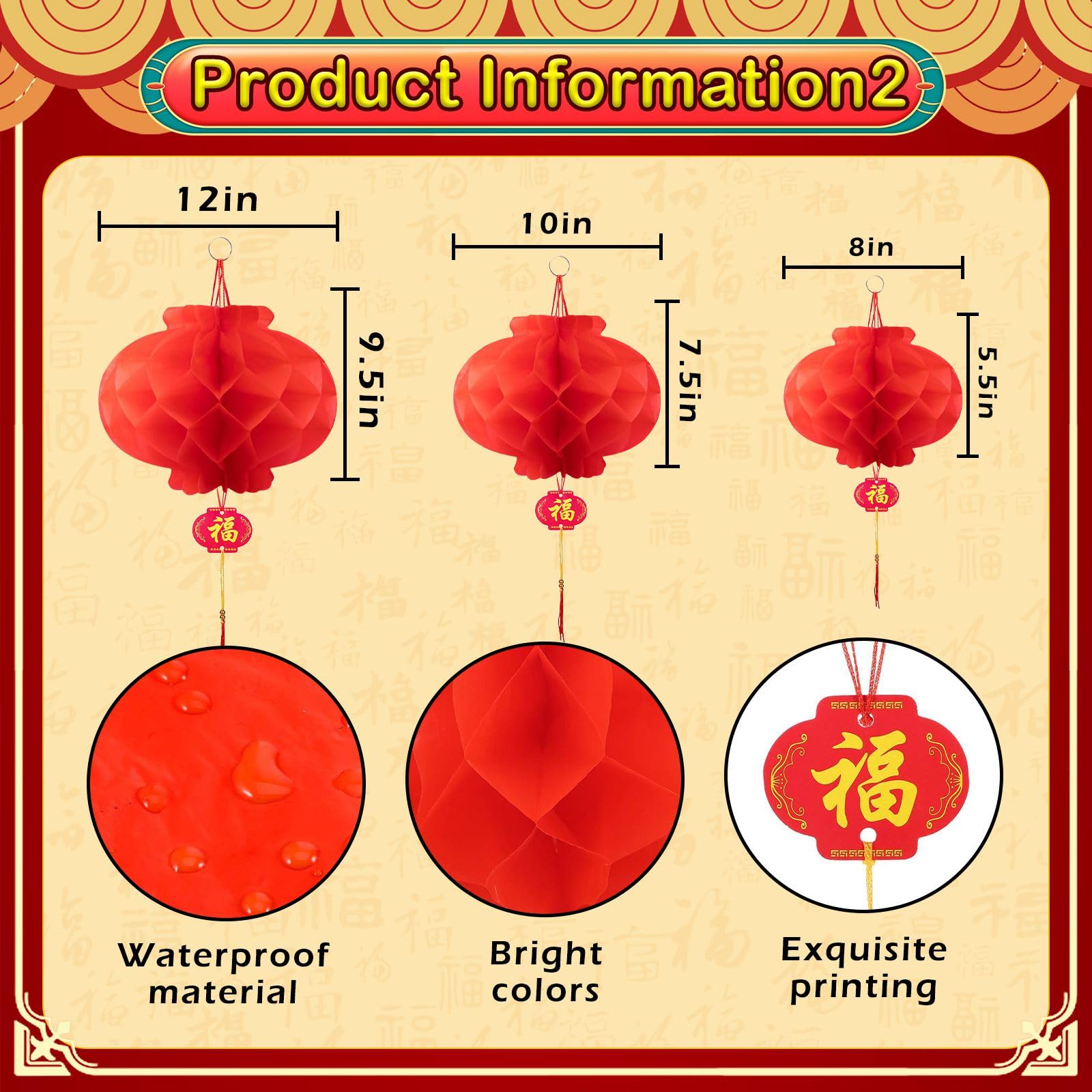 Peywot 3D Chinese Dragon Decoration Set with 12 Red Lanterns, Plastic Paper, Spring Festival, Lunar New Year 2026