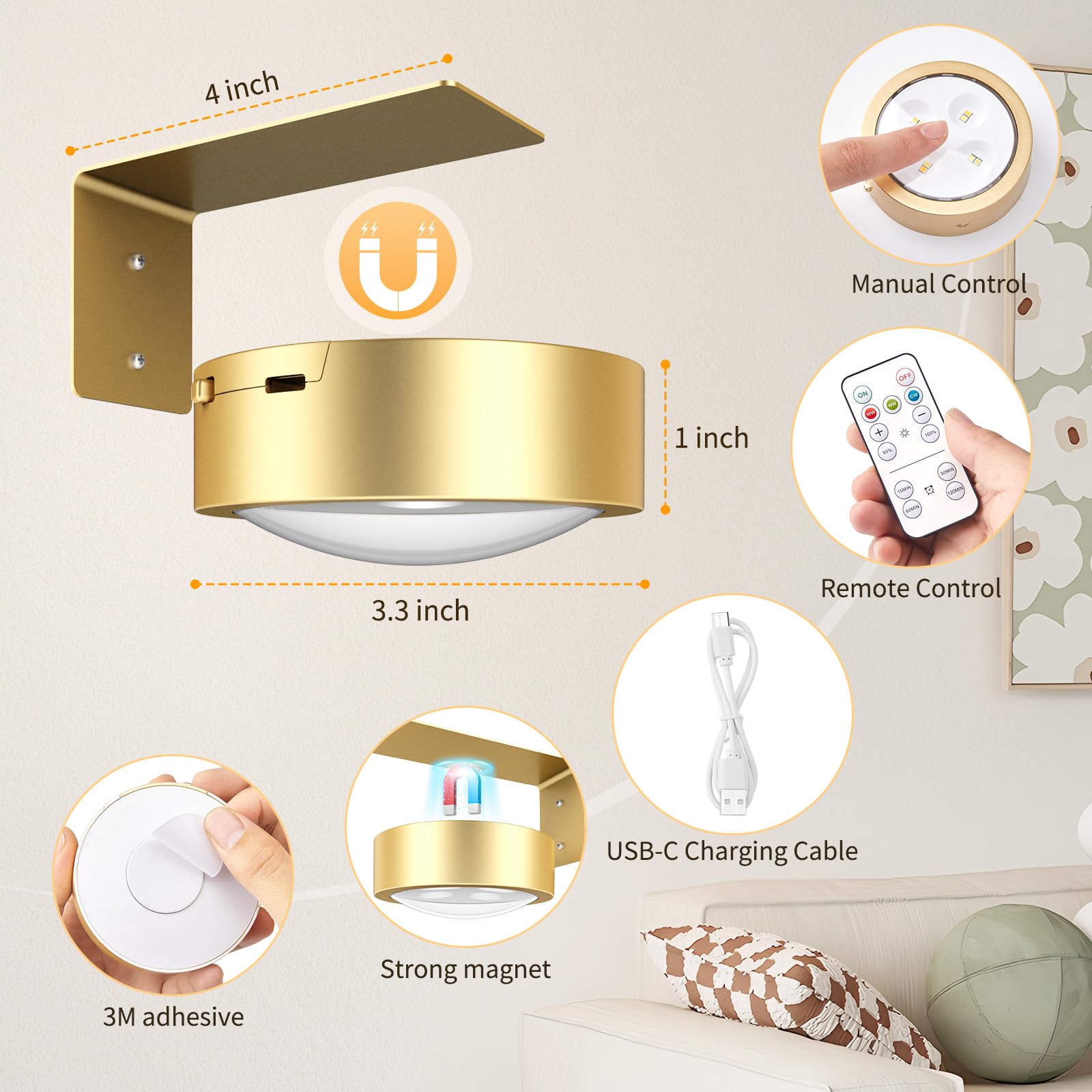 Brightown Picture Lights 2-Pack, Rechargeable, Dimmable, Timer, Gold, Model GOLD-2PCS, Magnetic Art Display, Wireless