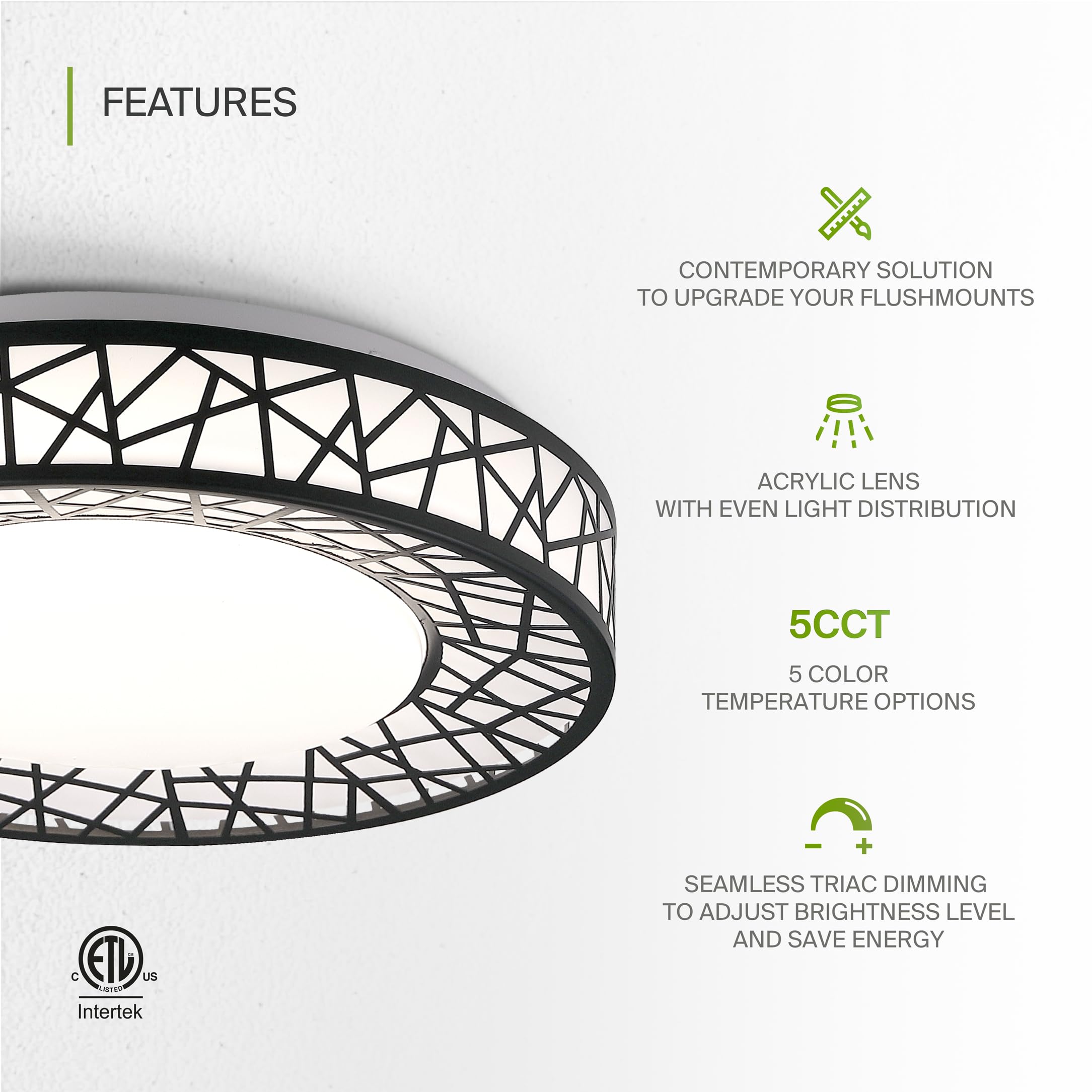 ASD 12 Inch LED Flush Mount Ceiling Light, 20W 1113LM, Dimmable, Iron Housing, Matte Black, Model A-LOFT-FM-12D20BK