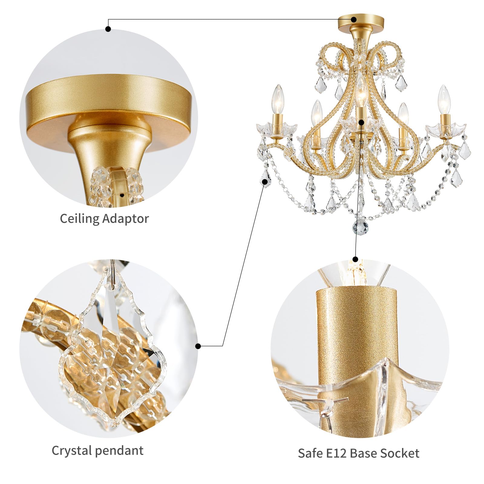 WUZUPS 5-Light Crystal Candle Chandelier, Metal Ceiling Light, 20.9in High 22in Wide, Gold, Model USHD-5511506GD