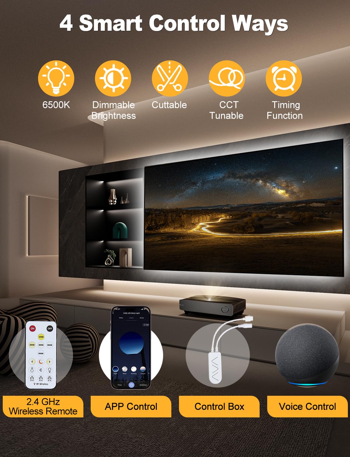 Cob Led Strip Light 16.4Ft  Dimmable 2300K-6500K White Cct Tunable  Dc 24V Cuttable Led Tape Light  High Density 3040 Led 36W Cri 90  App Remote Control  Music Mode  For Home Diy  Living Room  Bedroom
