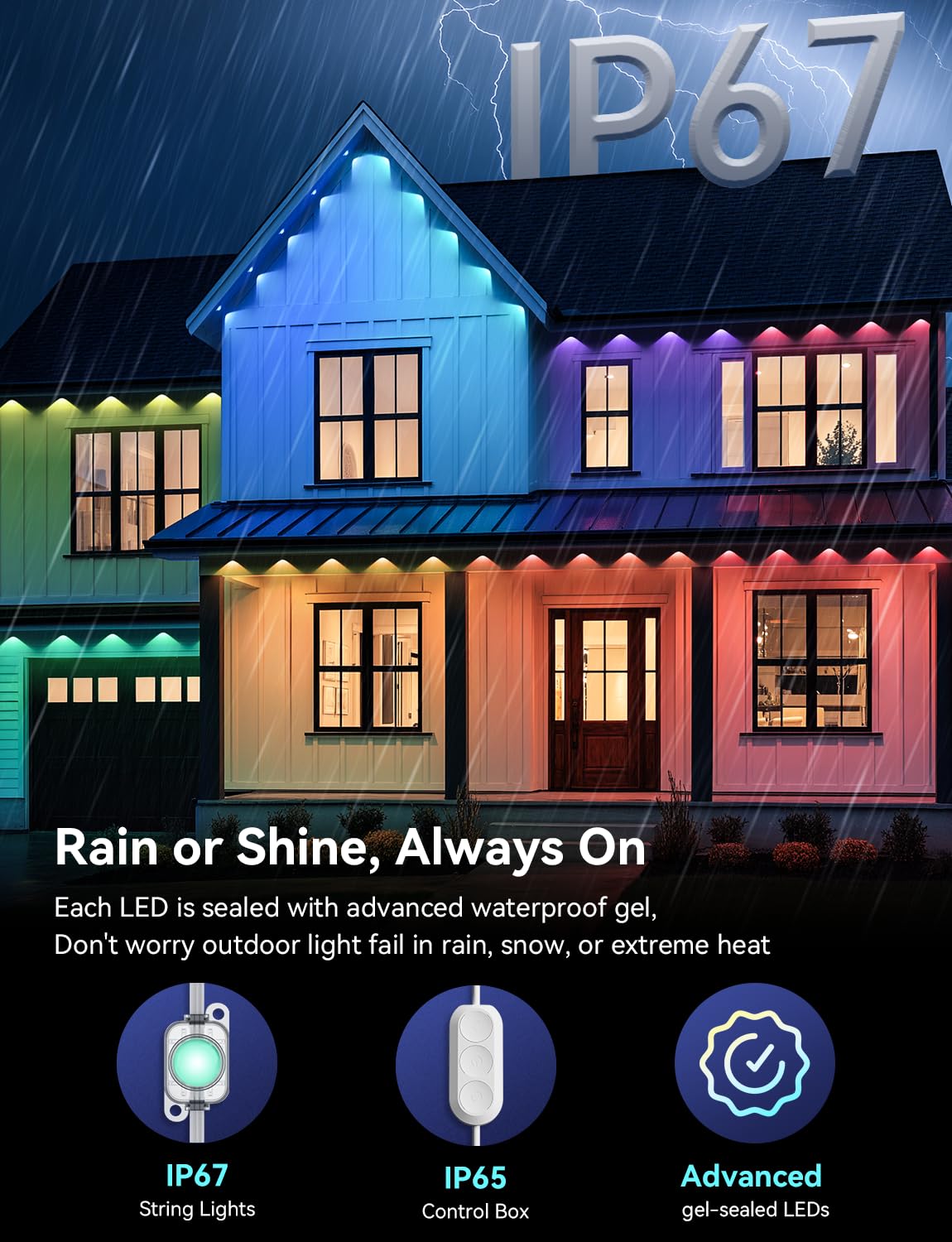 lemonlovely 200ft RGB+IC Smart Outdoor Lights, 100 LED, IP67 Waterproof, Remote & APP Control, White, Model 2323
