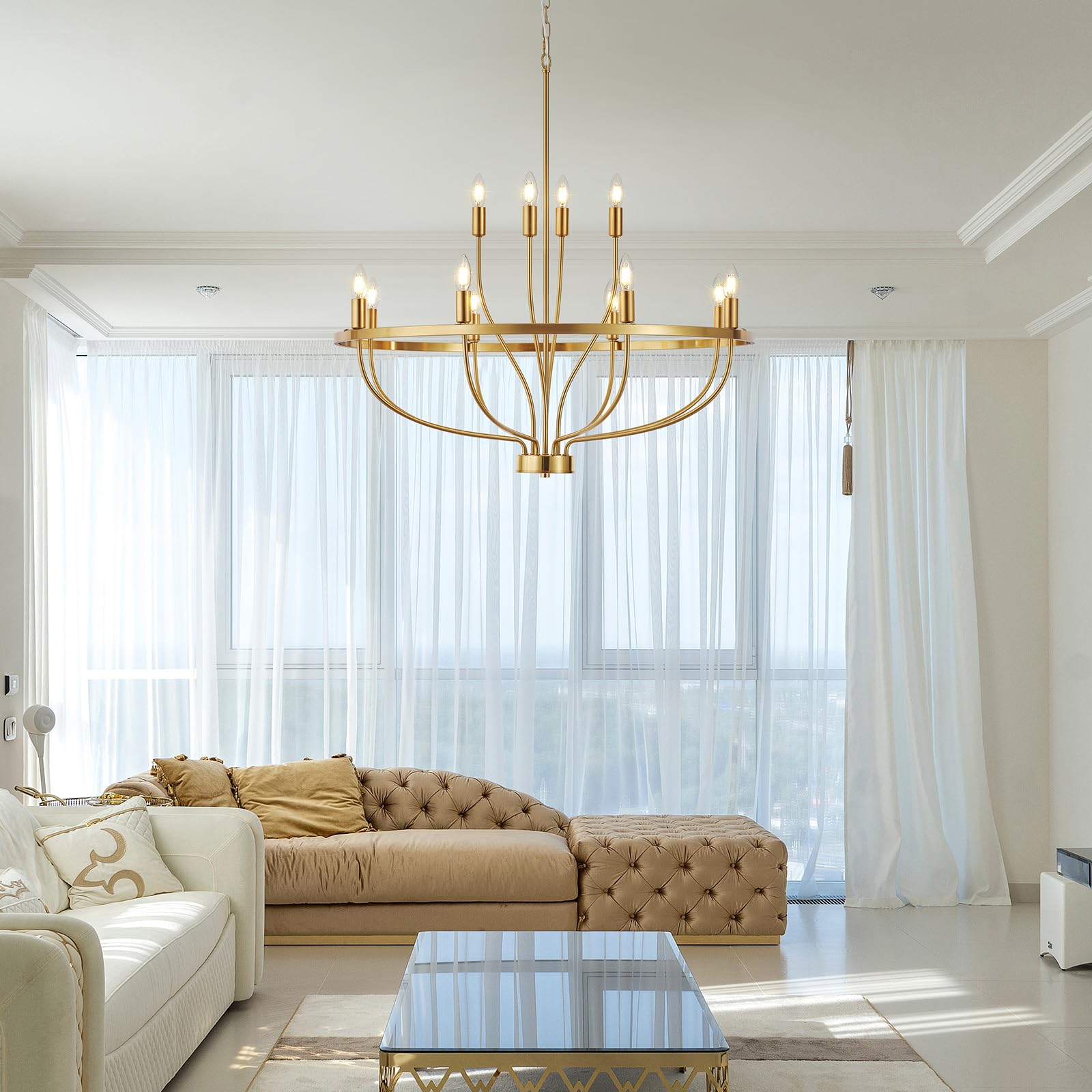 Widluth 33.5" Modern Gold Chandelier - 12-Lights Retro Candle Style Lighting for Dining Room, Kitchen, Living Room, Model MD1009-12-gold