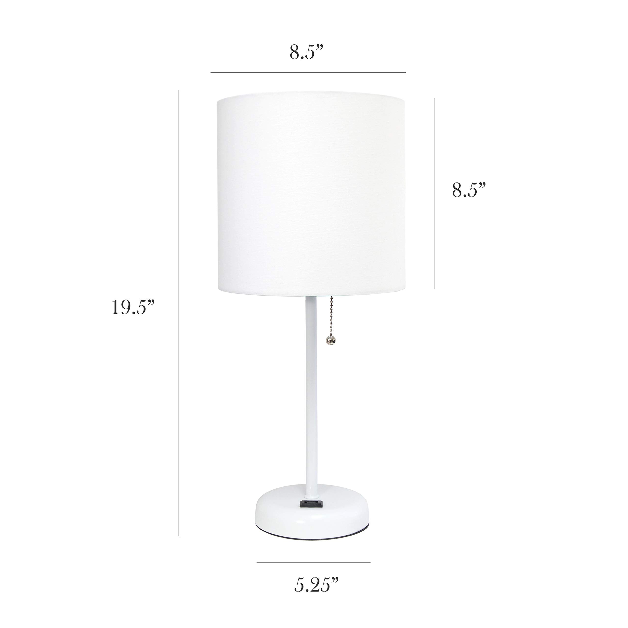 Simple Designs Lt2024-Wow White Stick Table Desk Lamp With Charging Outlet And Drum Fabric Shade, White Shade