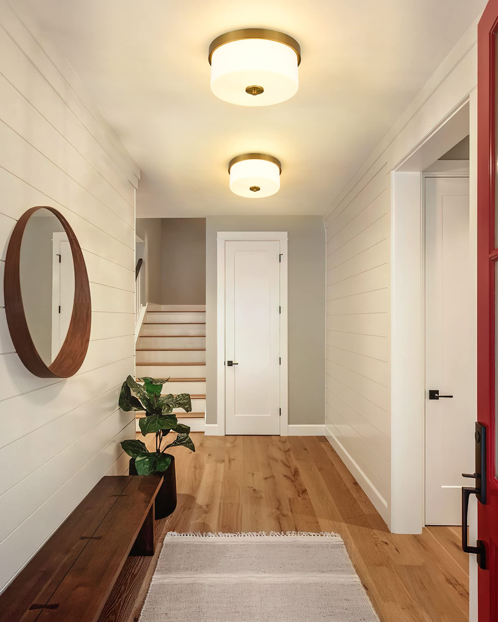 Emak 11&quot; Brushed Gold Flush Mount Ceiling Light Fixture With Milk Glass Shades - 2-Light