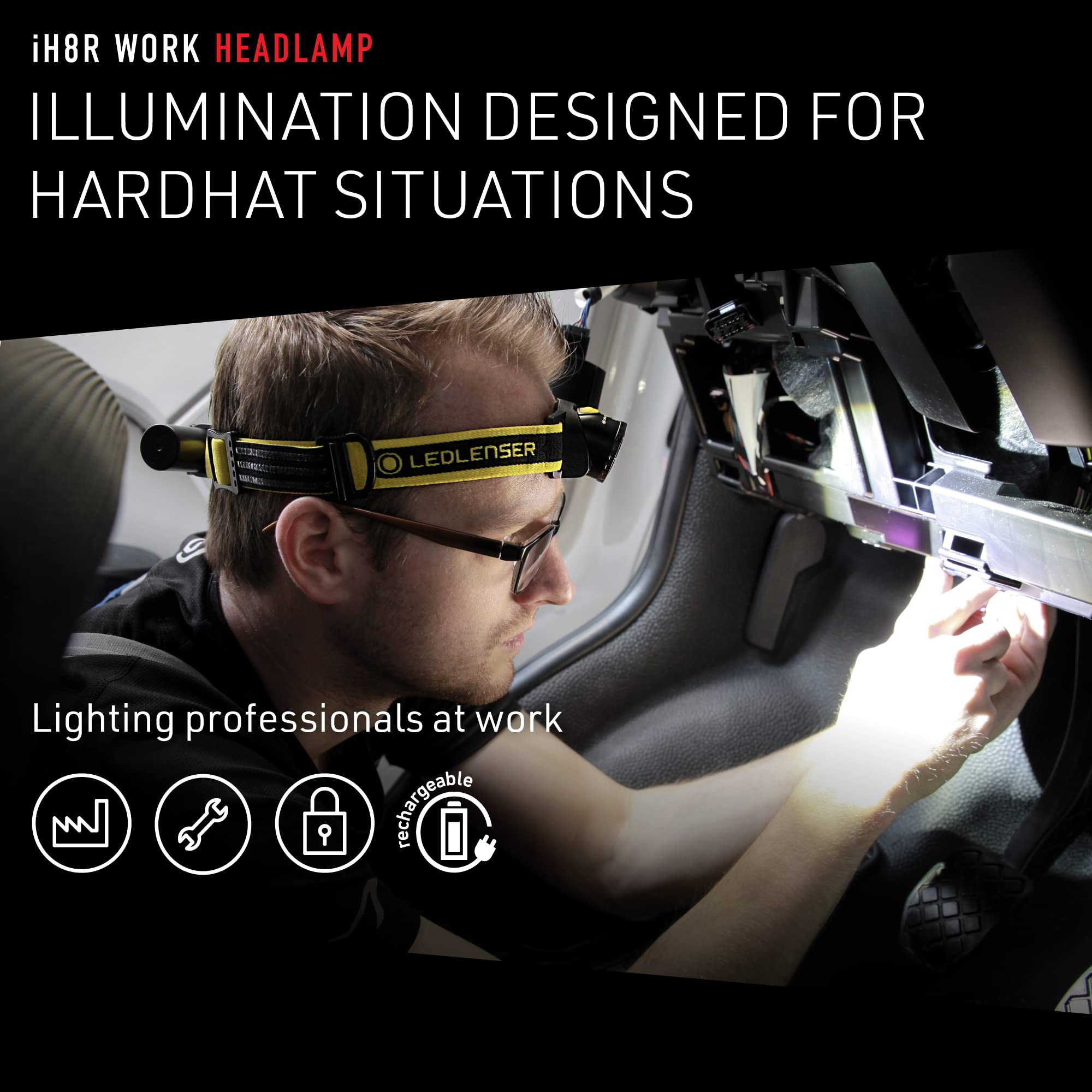 Ledlenser iH8R Rechargeable Headlamp, 600 Lumens, Hands-Free, Aluminum, Hardhat Mount Included