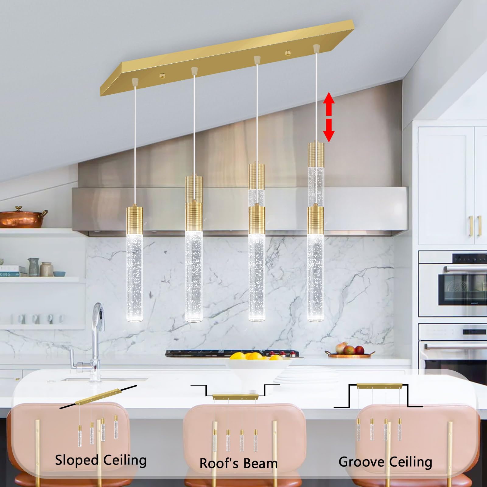 Dolria 4-Lights Modern Crystal Chandeliers For Kitchen Island Mini Pendants Lighting Fixture Led Ceiling Light For Dining Room Living Room 6000K