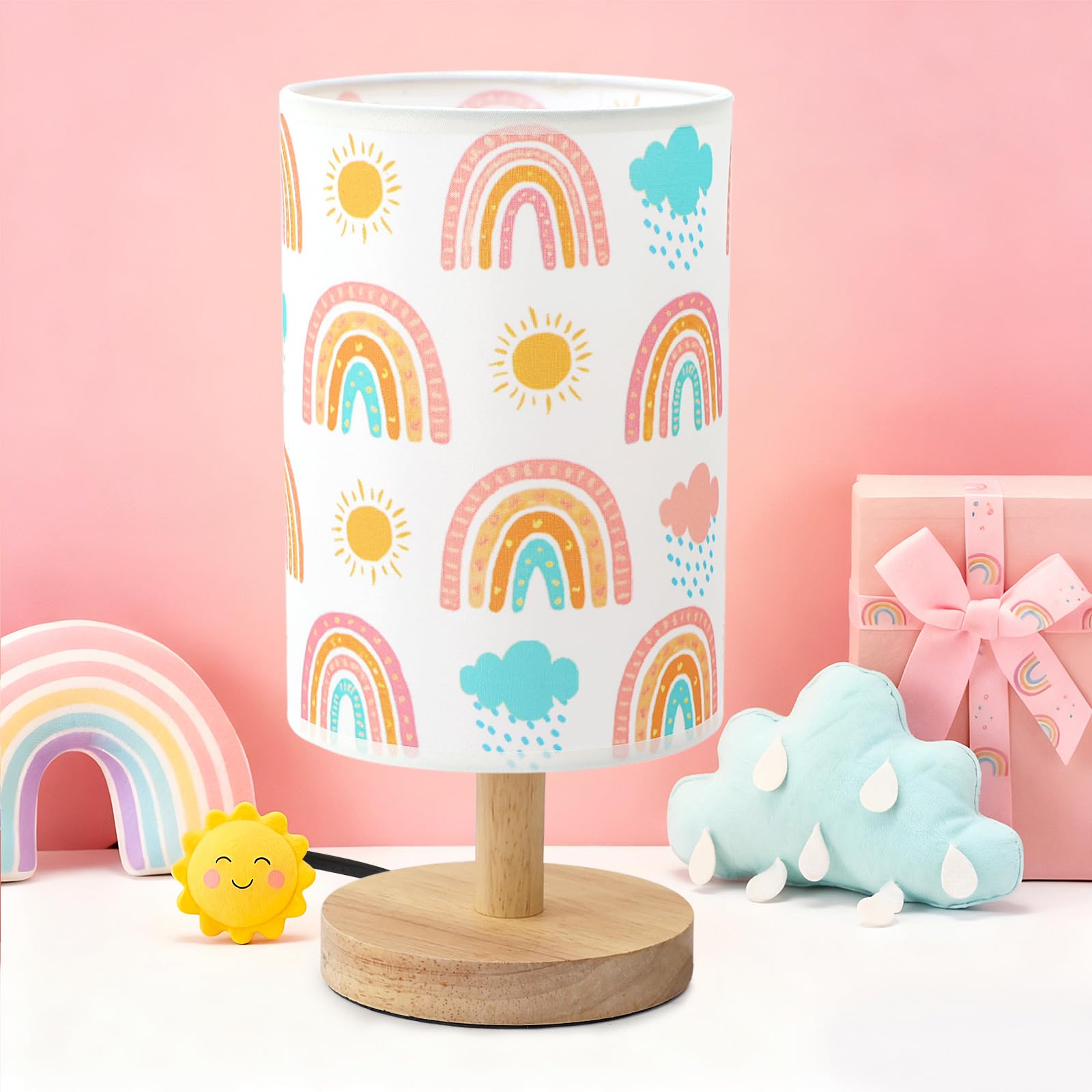 MASTRON Rainbow Table Lamp for Kids Bedroom - Boho Rainbow Kids Bedside Lamp with Linen Wooden Nightstand Cartoon Nursery Lampshade for Girls Room Decor