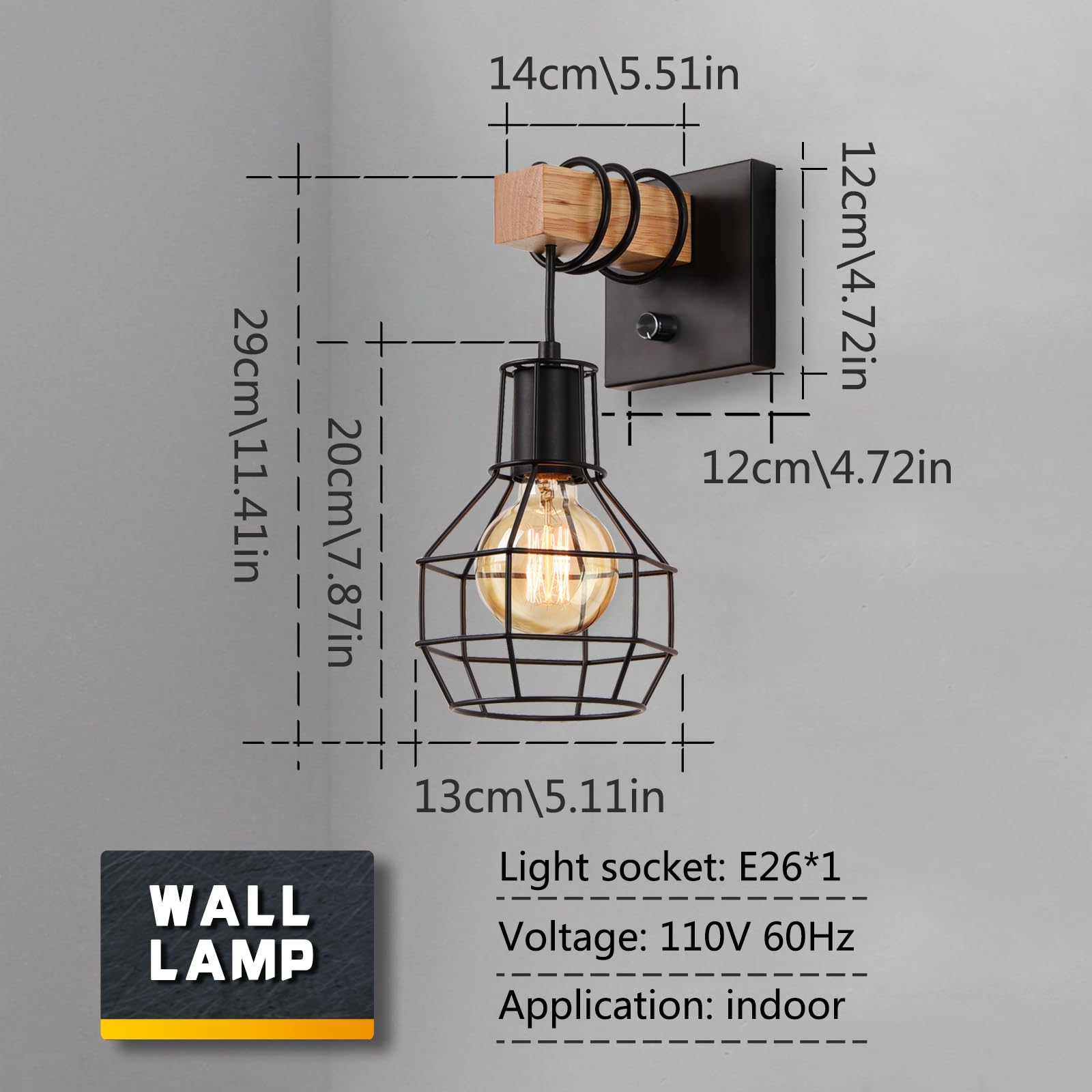 Lightess Industrial Wall Sconces Set of 2, Dimmer Switch, Metal Cage Shade, Black, 2 Pack, Model LG9951177