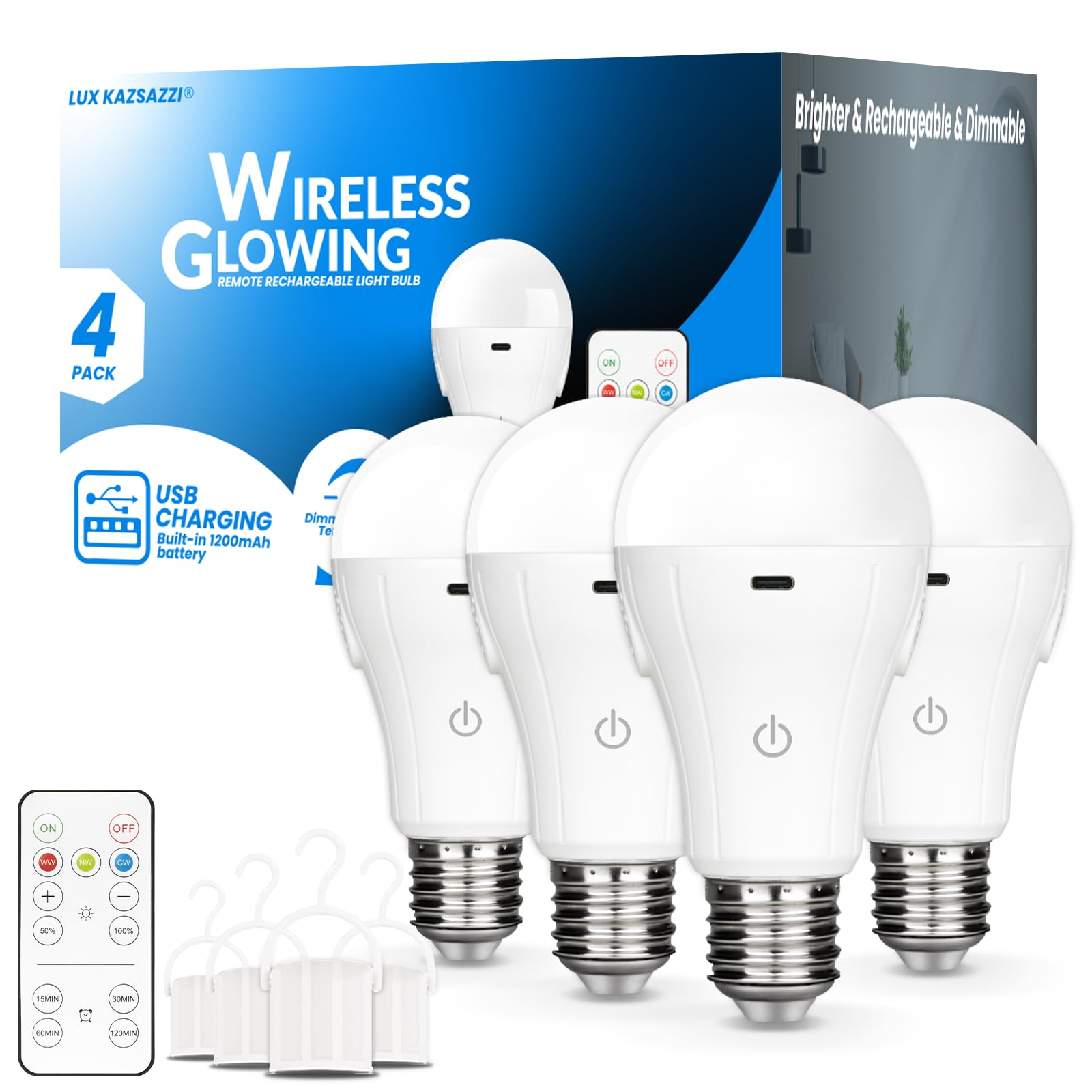 Luxkazsazzi Wirelessglow Rechargeable Light Bulbs With Remote, 3 Color Temperatures And Dimmable Battery Light Bulbs, Touch Cont