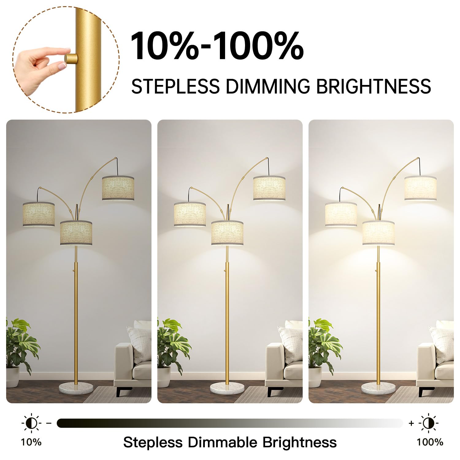 Dimmable Floor Lamp - 3 Lights Gold Floor Lamps For Living Room Linen White Shades & Marble Base, Mid Century Tree Floor Lamp Fo