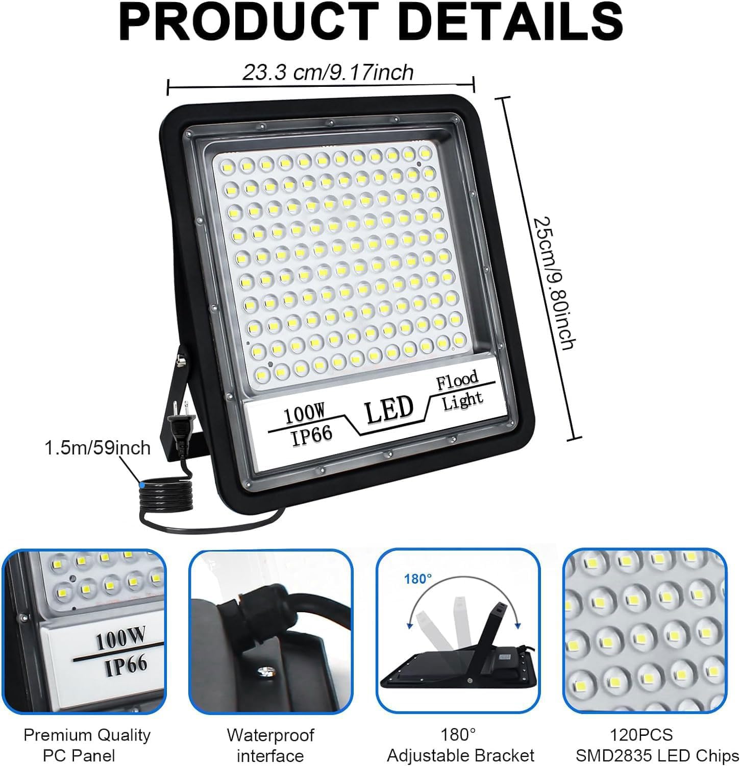 CREATESTAR 100W LED Flood Light Outdoor - 10000LM, IP66 Waterproof, Black, 2 Pack, Model CHX-FL-A, 6500K Security Light