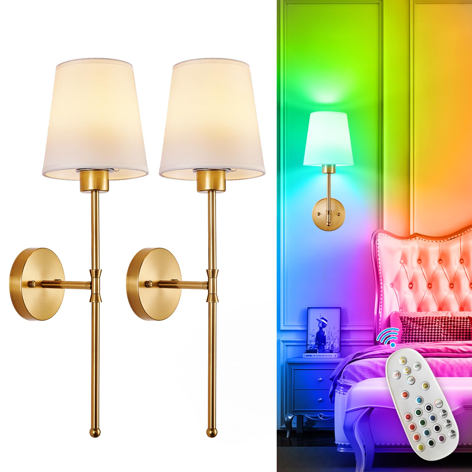 Depuley Battery Operated Wall Sconce Set of 2 - 24 Inch Gold Metal Wireless Lights with Remote for Bedroom and Living Room