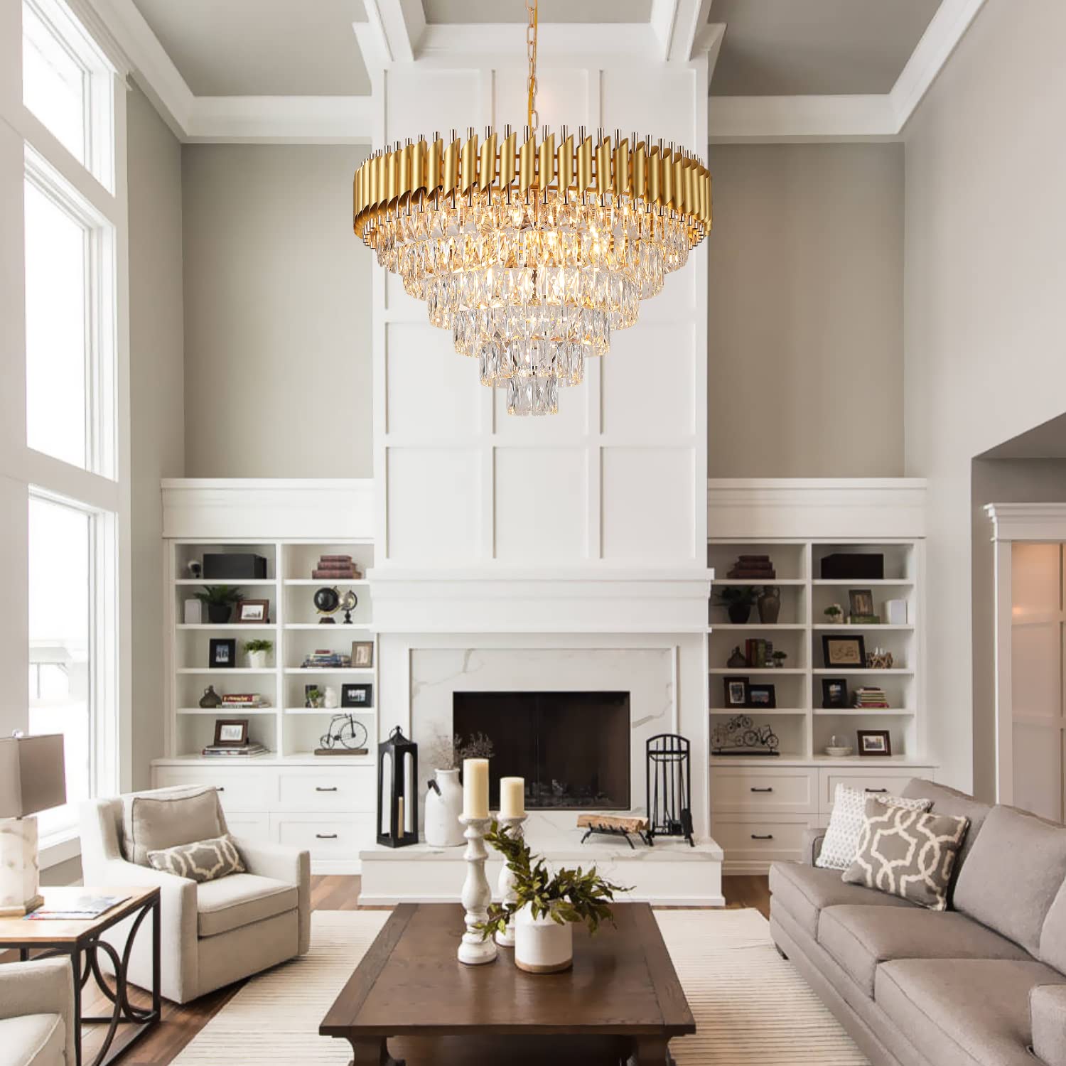 AXILIXI Gold Crystal Chandelier, Modern 30" Metal Pendant Light, K9 6-Tier Luxury Fixture for Dining Room, Foyer, Living Room