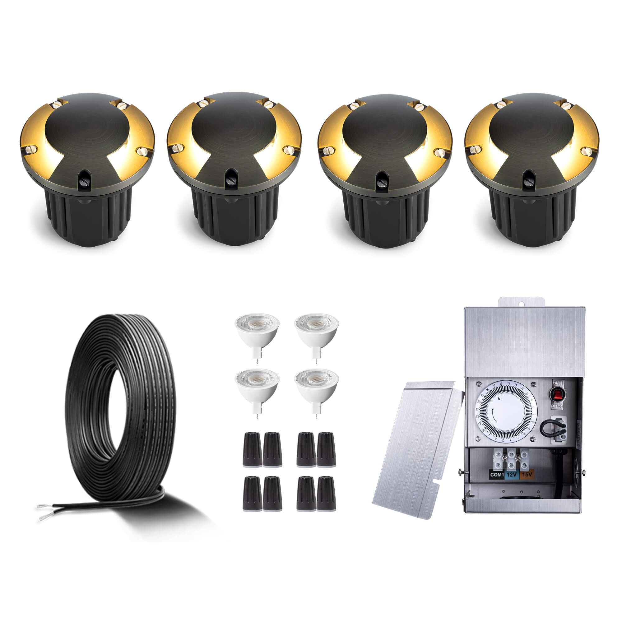 Gardenreet Brass Waterproof In Ground Well Light Kit(4 Pack) with 75W Low Voltage Transformer & MR16 Bulb & 100Feet Wire & Conne