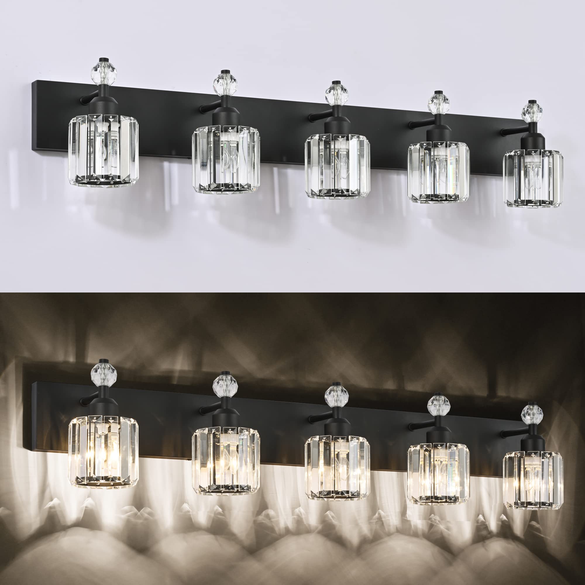 PRESDE Modern Black Crystal Bathroom Vanity Light Fixture, 5 Lights, Matte Black Metal, Wall Sconce for Over Mirror