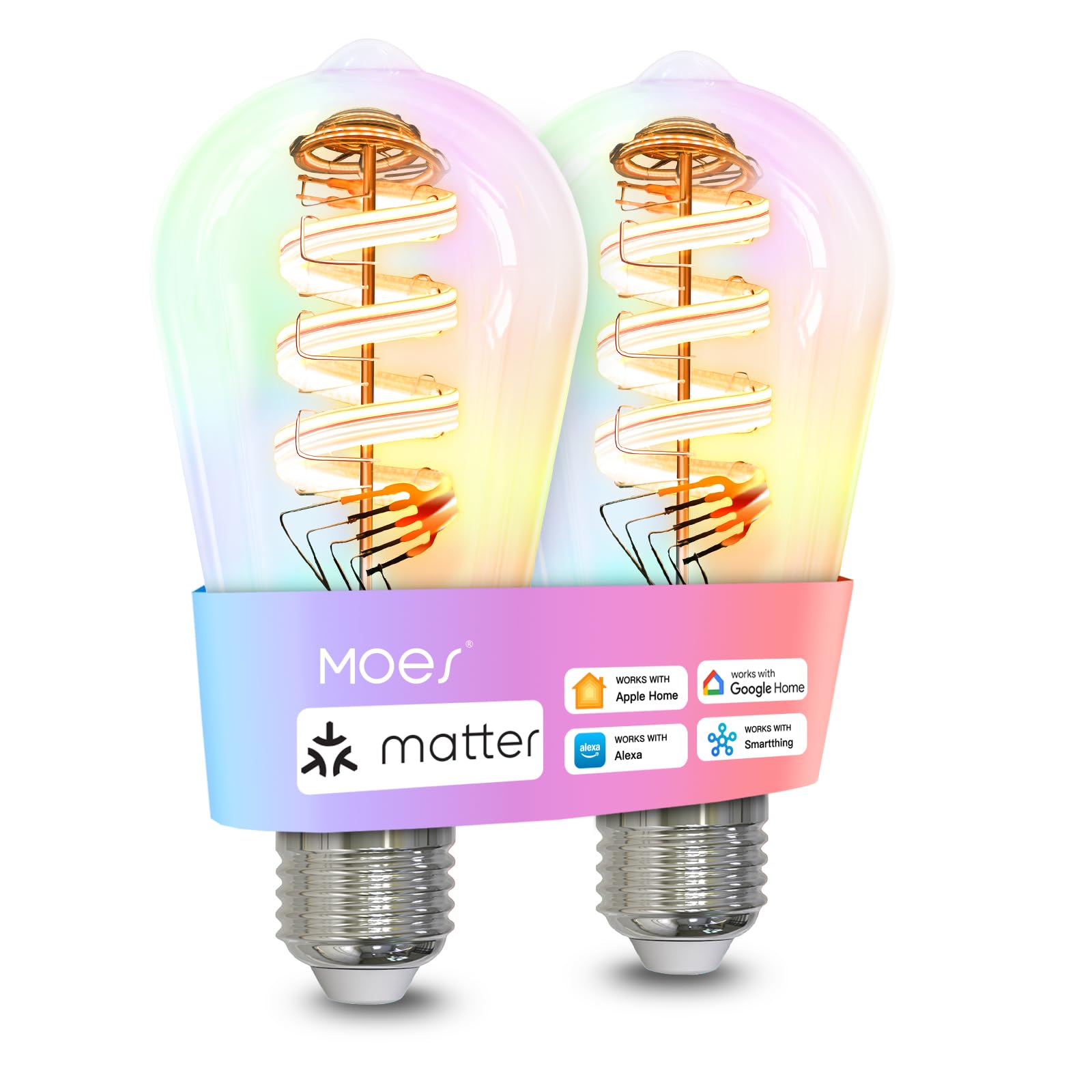 MOES Matter WiFi ST64 Edison Smart Bulbs, Color Changing Light Bulb, 16 Million RGB Colors & Tunable White, Works with Apple Hom