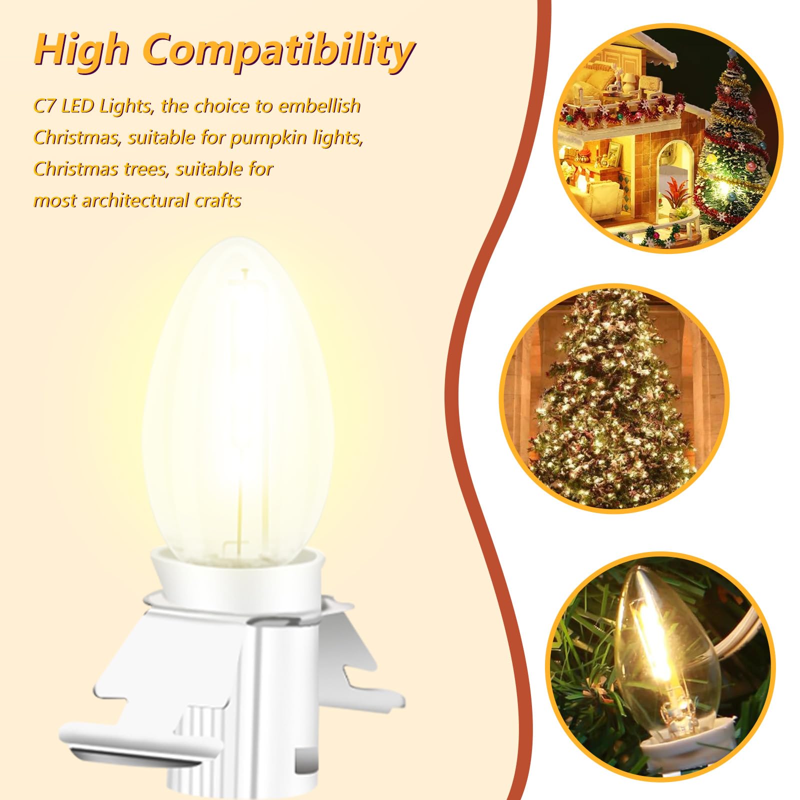 UAUSE Christmas Village LED Light Bulb C7 Cord Clip Lights, 177in White Plastic, Model UAU-12T, 12 Bulbs for Holiday Decoration