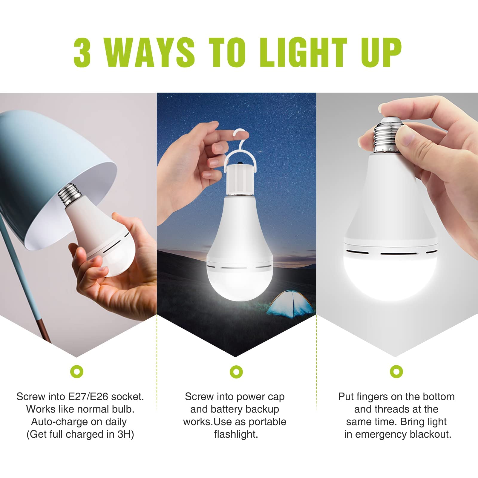 Neporal 15W Emergency Rechargeable Light Bulbs - 1200mAh Battery, Daylight, 4PK for Power Outages, Home, Camping