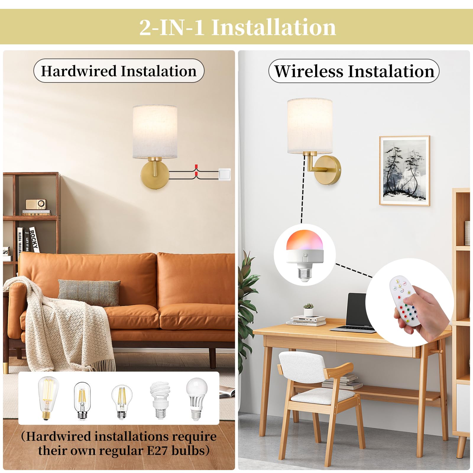 Battery Operated Wall Sconce Set of 2,Rechargeable Wall Lights with Remote Control,Wireless Wall Sconces with 3000mAh Detachable