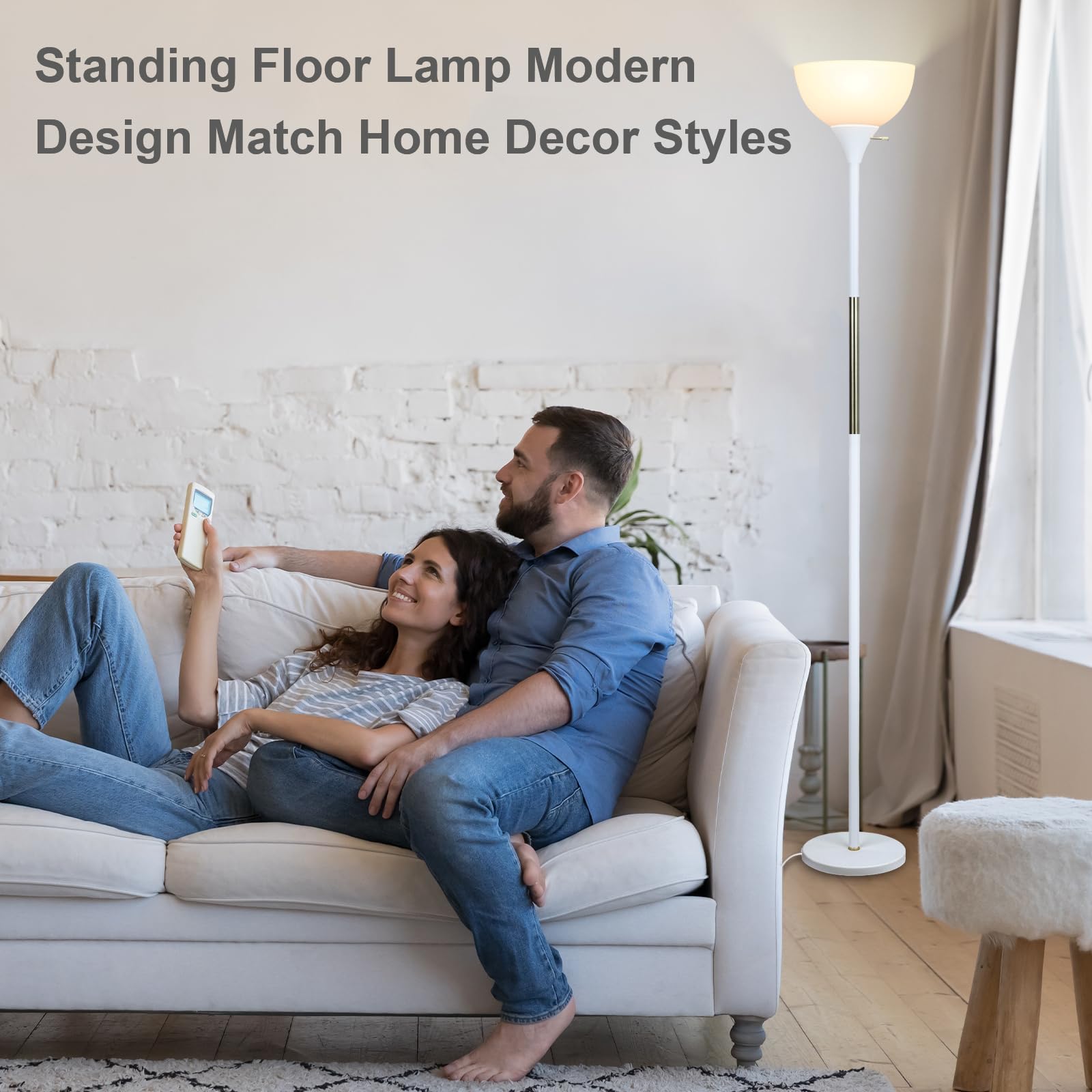 LALISU Floor Lamp, LED 3 Way Dimmable, Metal, White, Model LALISUAF09, Modern Industrial Design for Living Room, Bedroom, Office