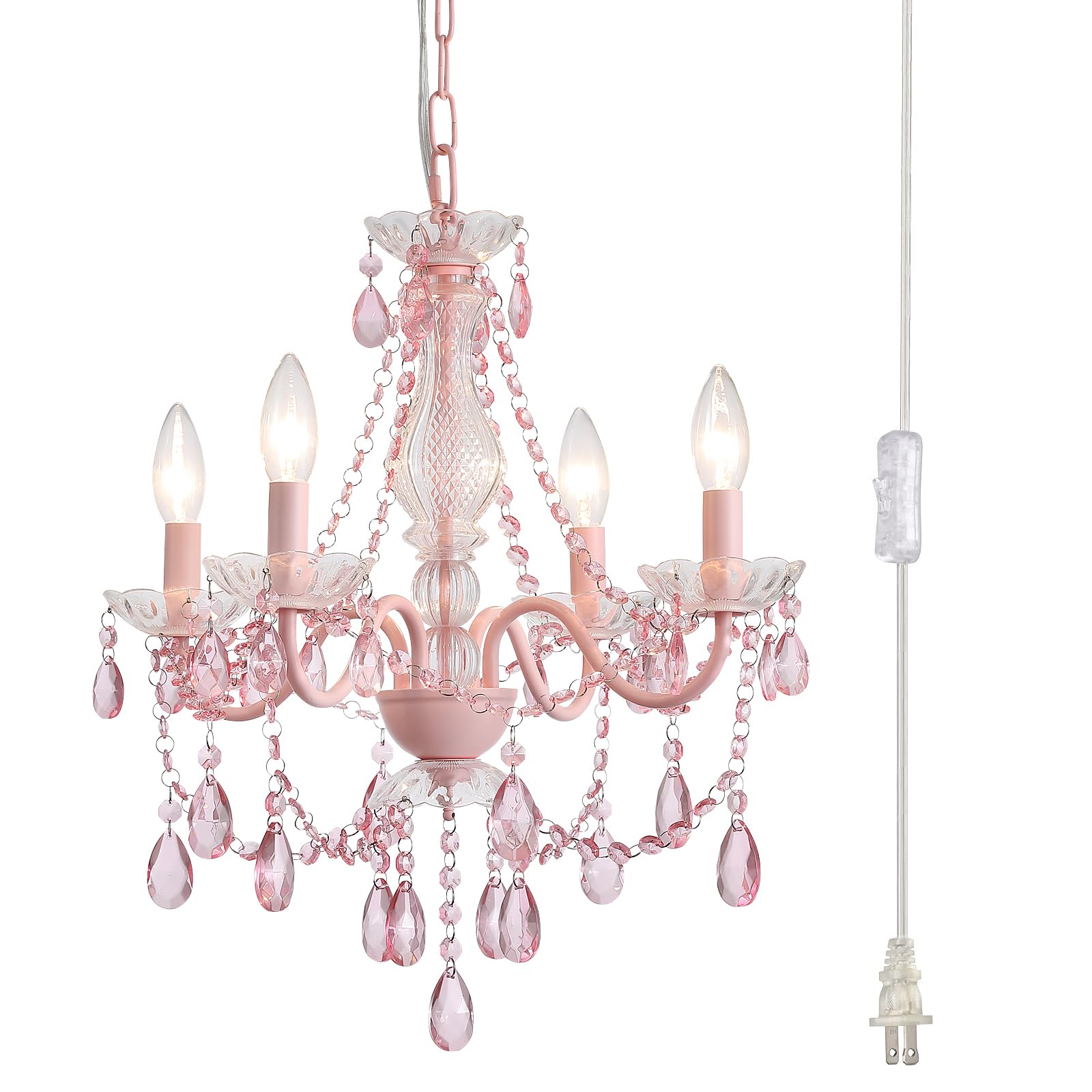 Plug in Crystal Pink Chandelier, (Not acrylic Crystal),Mini 4 Lights for Girls Room,Pink Crystal Hanging Pendant Light with Clea
