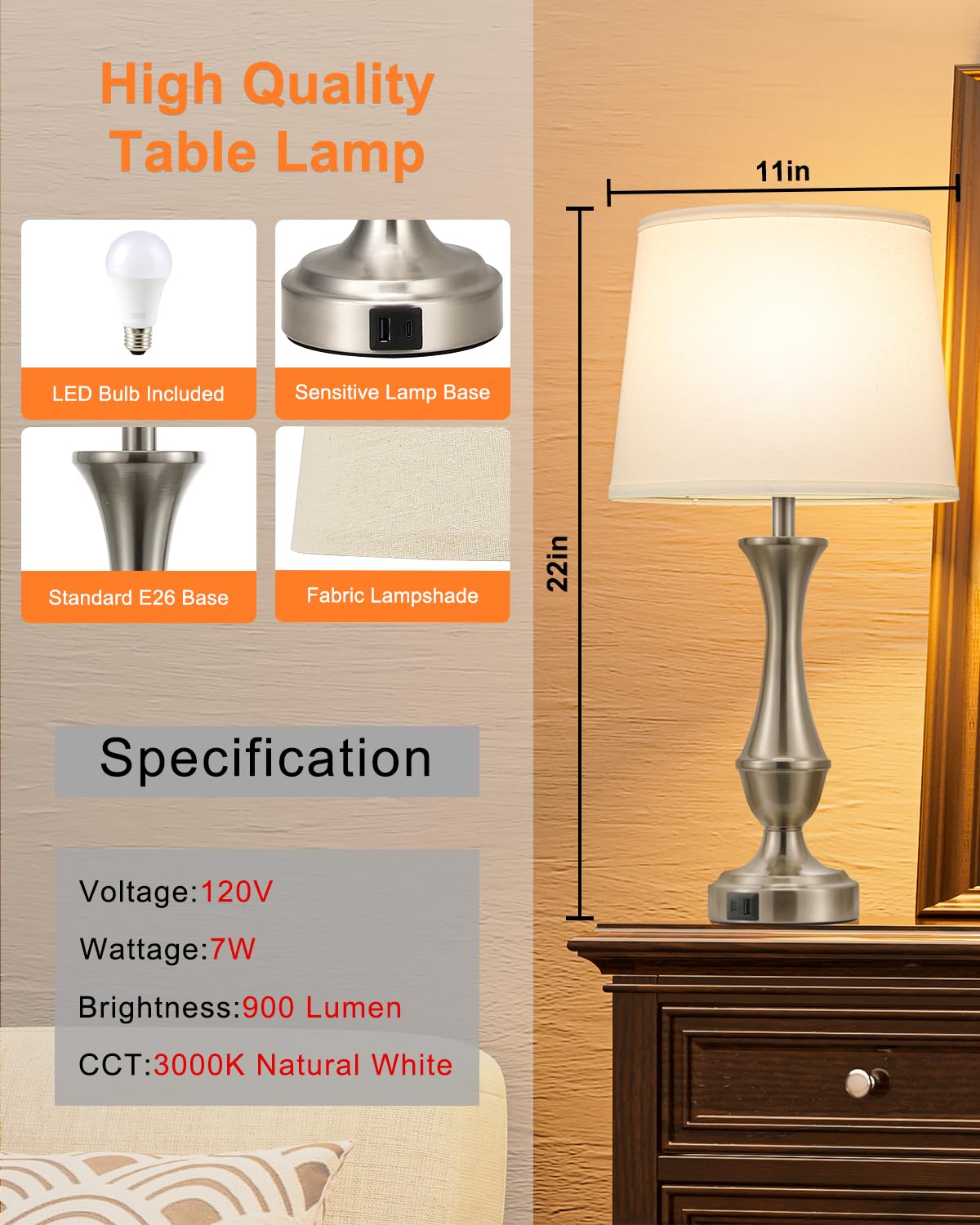 Seealle Touch Lamps Set of 2 - 3 Way Dimmable Bedside Lamps with USB C+A, White Shade & Nickel Base, Model 0407123