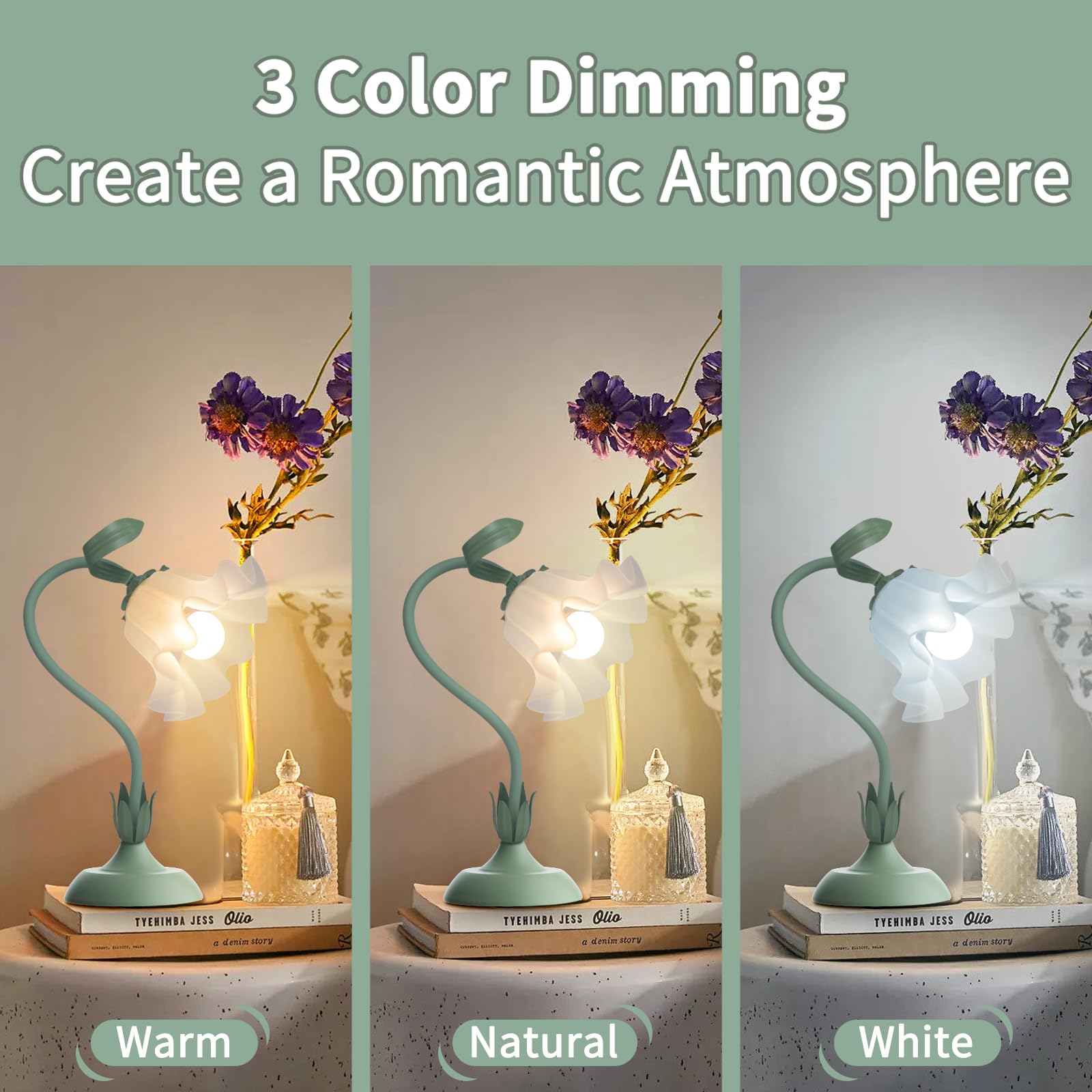 Women Bedside Table Lamps For Bedroom, Cute Flower Desk Lamp With Adjustable Flexible Gooseneck, 3 Color Temperatures Nightstand