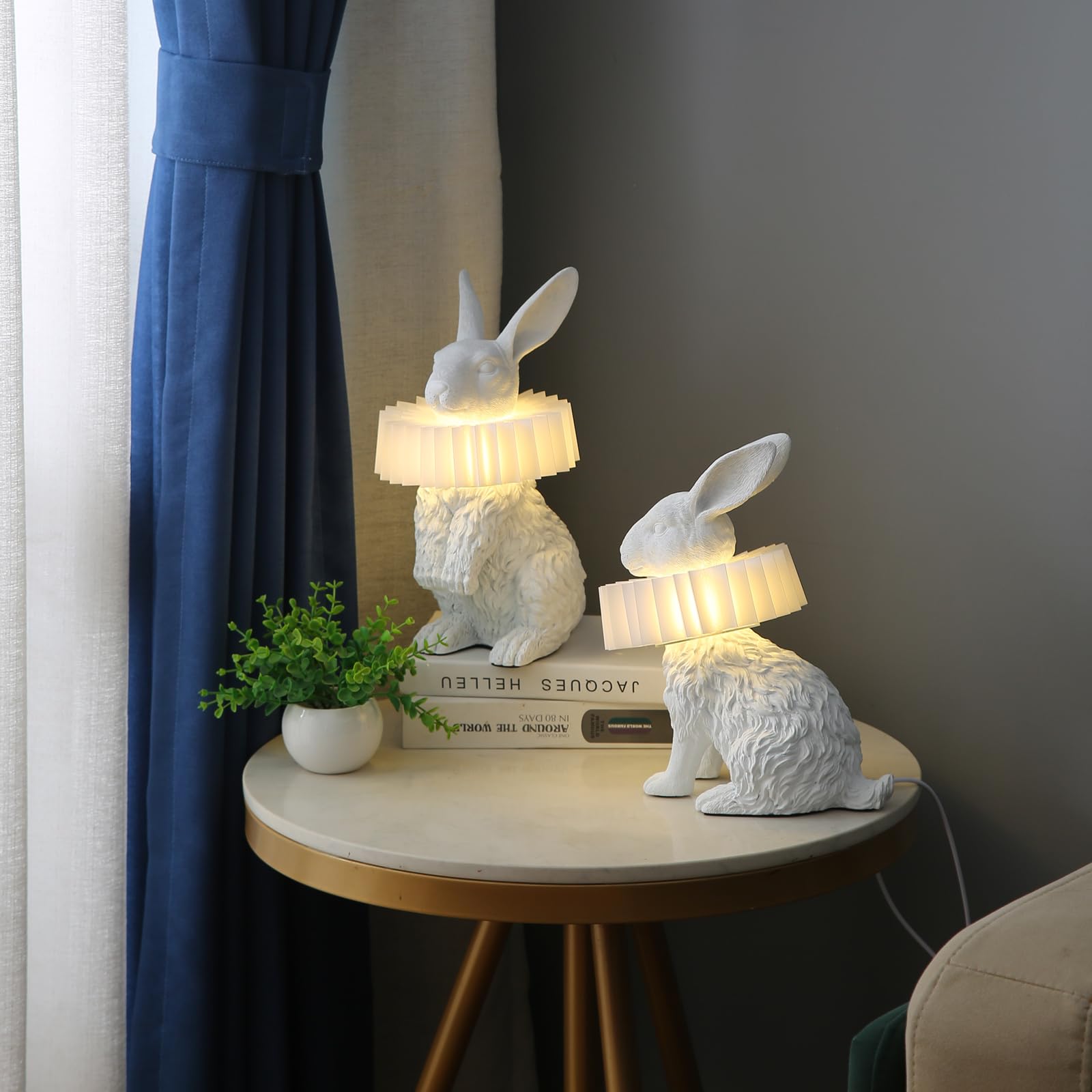 Lazhug White Scarf Rabbit Table Lamp,Resin Crafted Bunny Lamp Featuring White Pleated Pc Lampshade,Usb Plug,Low Voltage Energy-E