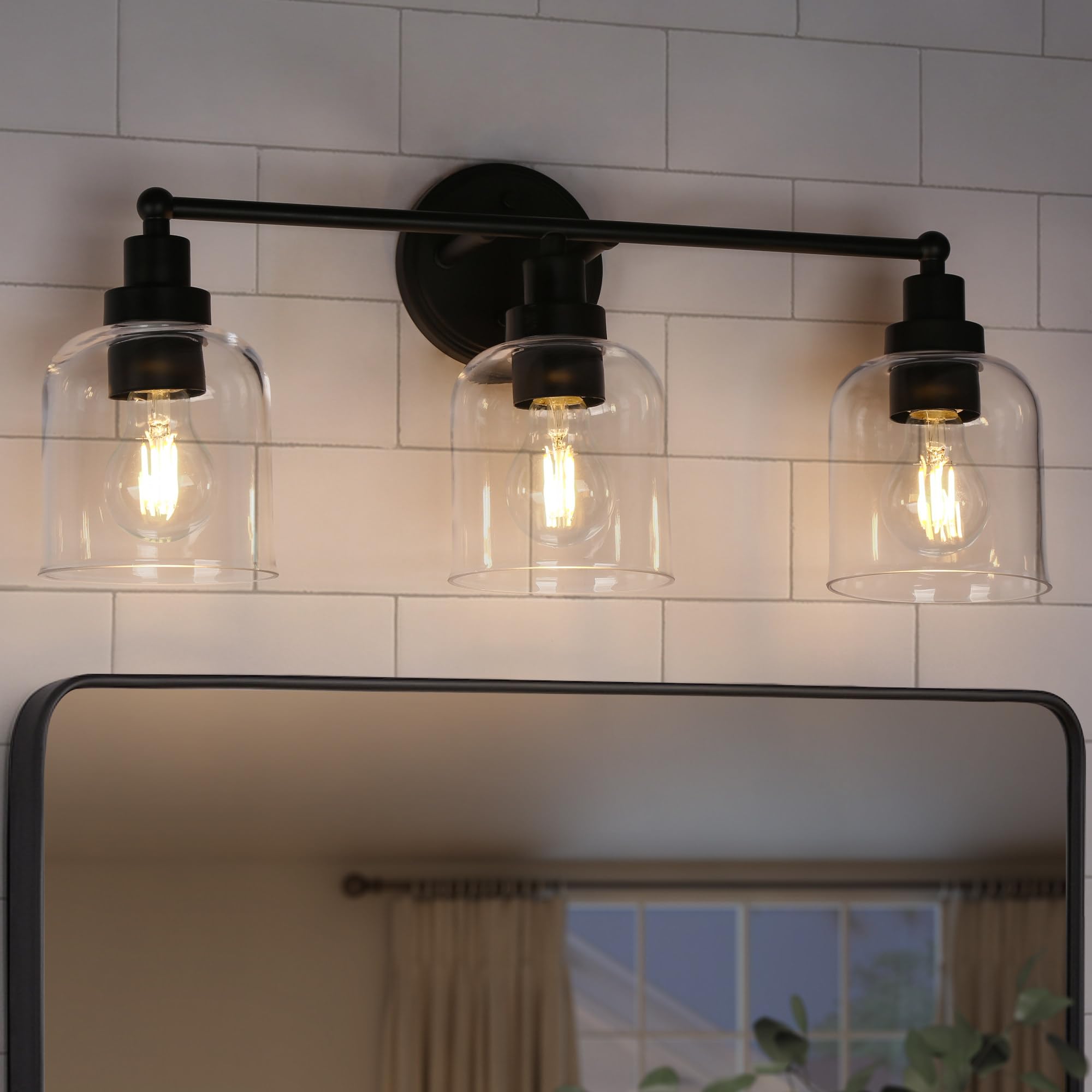 GEPOW 3-Light Bathroom Wall Light Fixture, Black Metal with Clear Glass Shade, Modern Farmhouse Design