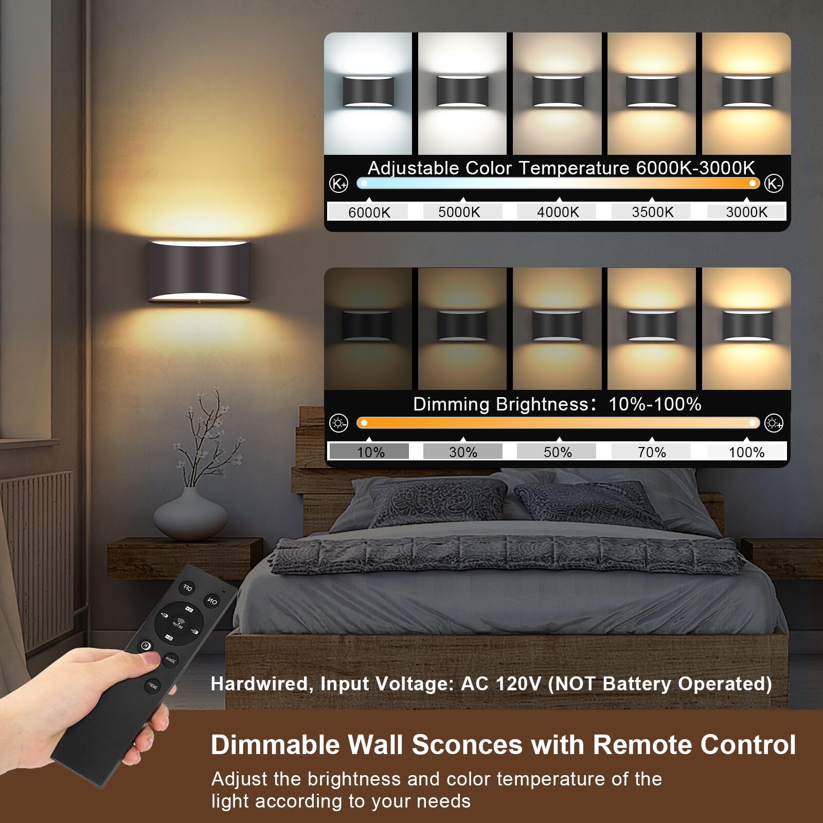 TRLIFE Modern LED Wall Sconces, Dimmable 3000K-6000K, Aluminum, 12W, 2 Pack, Black with Remote