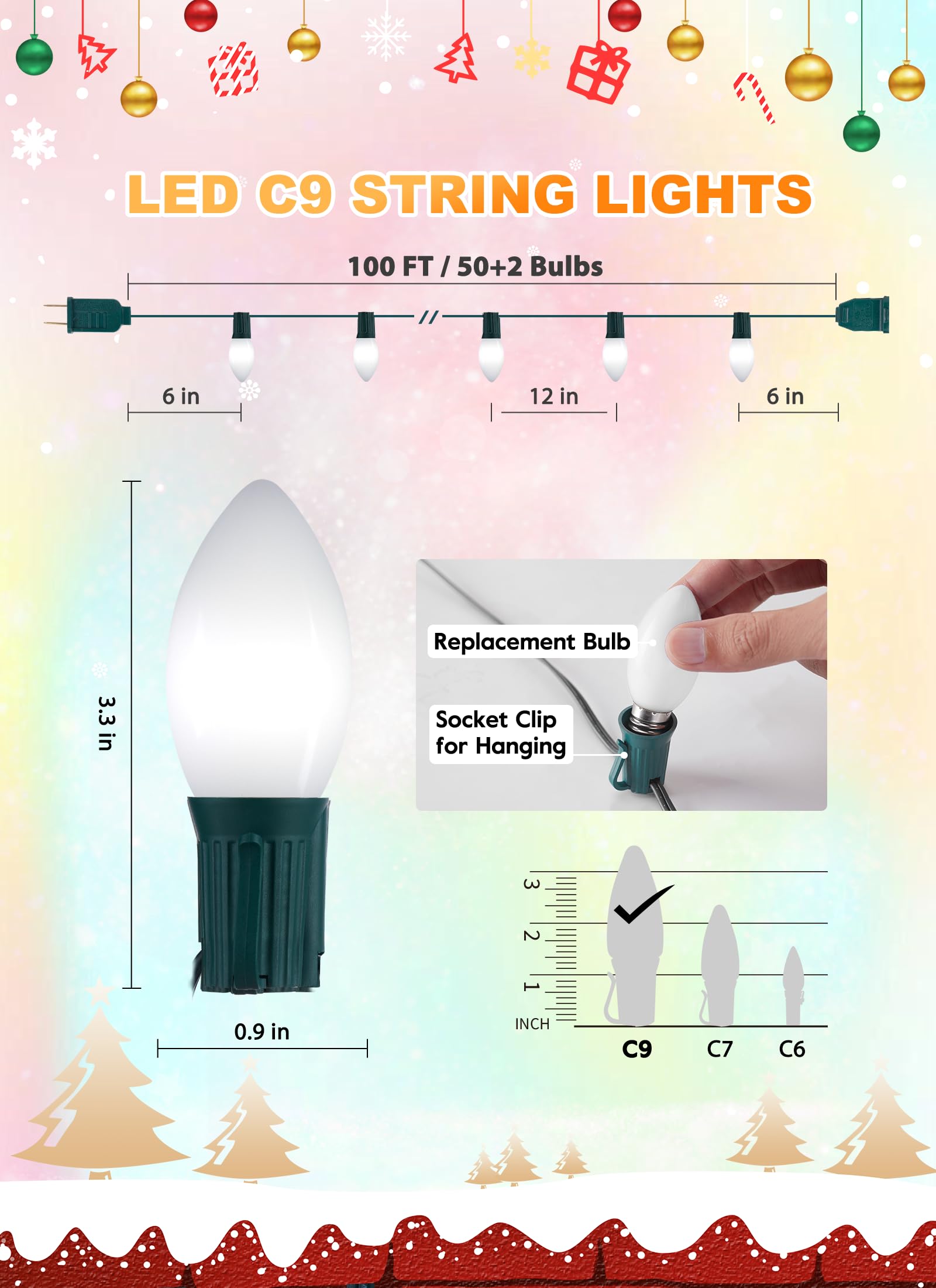 Vintage C9 Led Christmas Lights Outdoor  100 Feet C9 String Lights With 50 Shatterproof C9 Bulbs  Waterproof Connectable Christmas Tree Lights For Outside Roofline Patio Xmas Decorations  Pure White