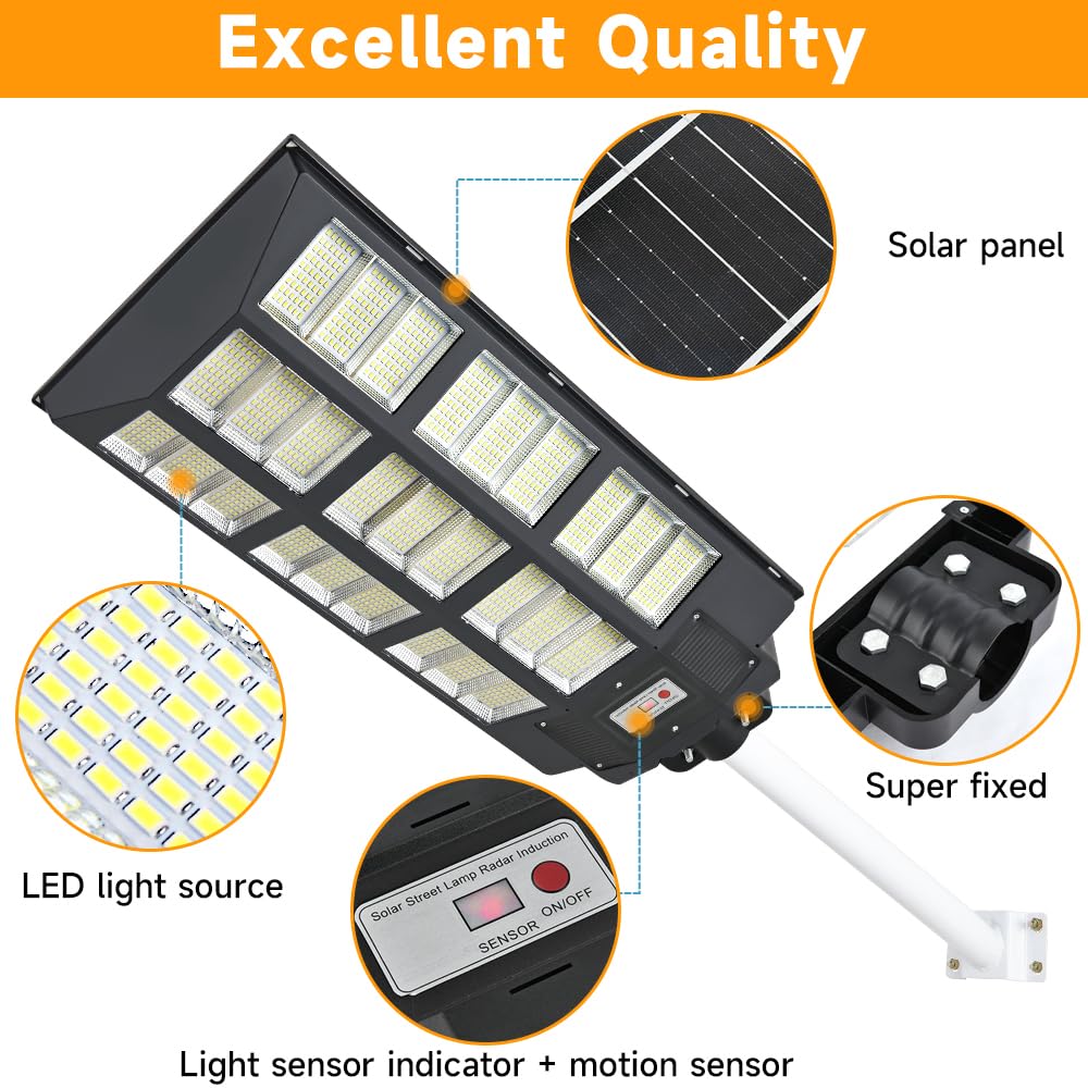 DENGMALL 24000W Solar Street Light - 24000 Lumens, Motion Sensor, Remote Control, Waterproof for Garden, Yard, Street, Parking Lot