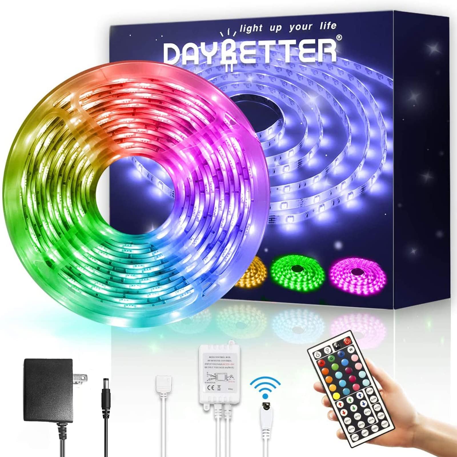 DAYBETTER Waterproof Led Lights for Bedroom, 16.4ft Led Strip Lights, 150 LEDs Color Changing RGB 44 Keys Remote Controller, 12v