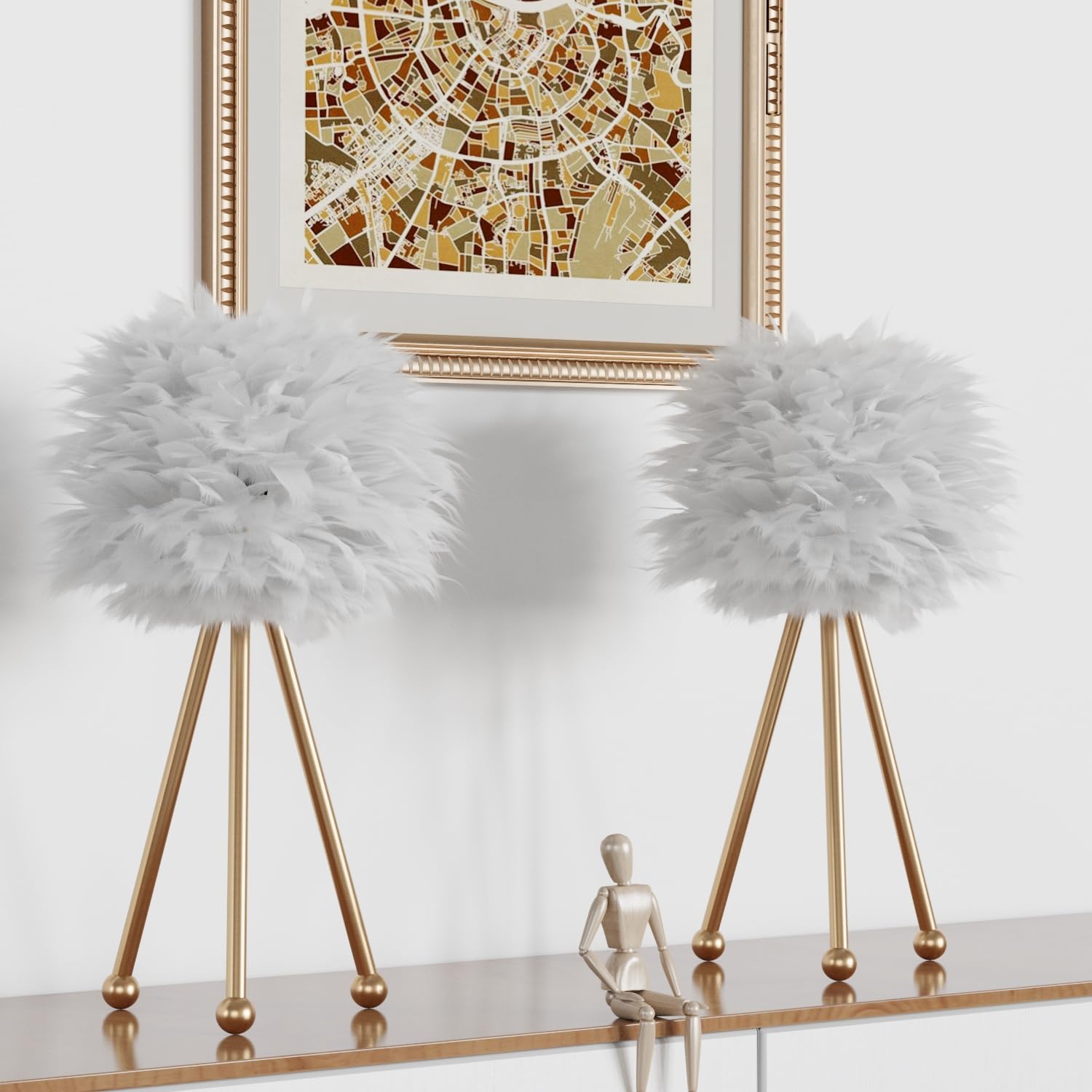 Maxax Feather Table Lamps Set Of 2 For Bedroom, 19'' Tall Tripod Bedside Table Lamps, Nightstand Lamp With Gold Finish For Bedro
