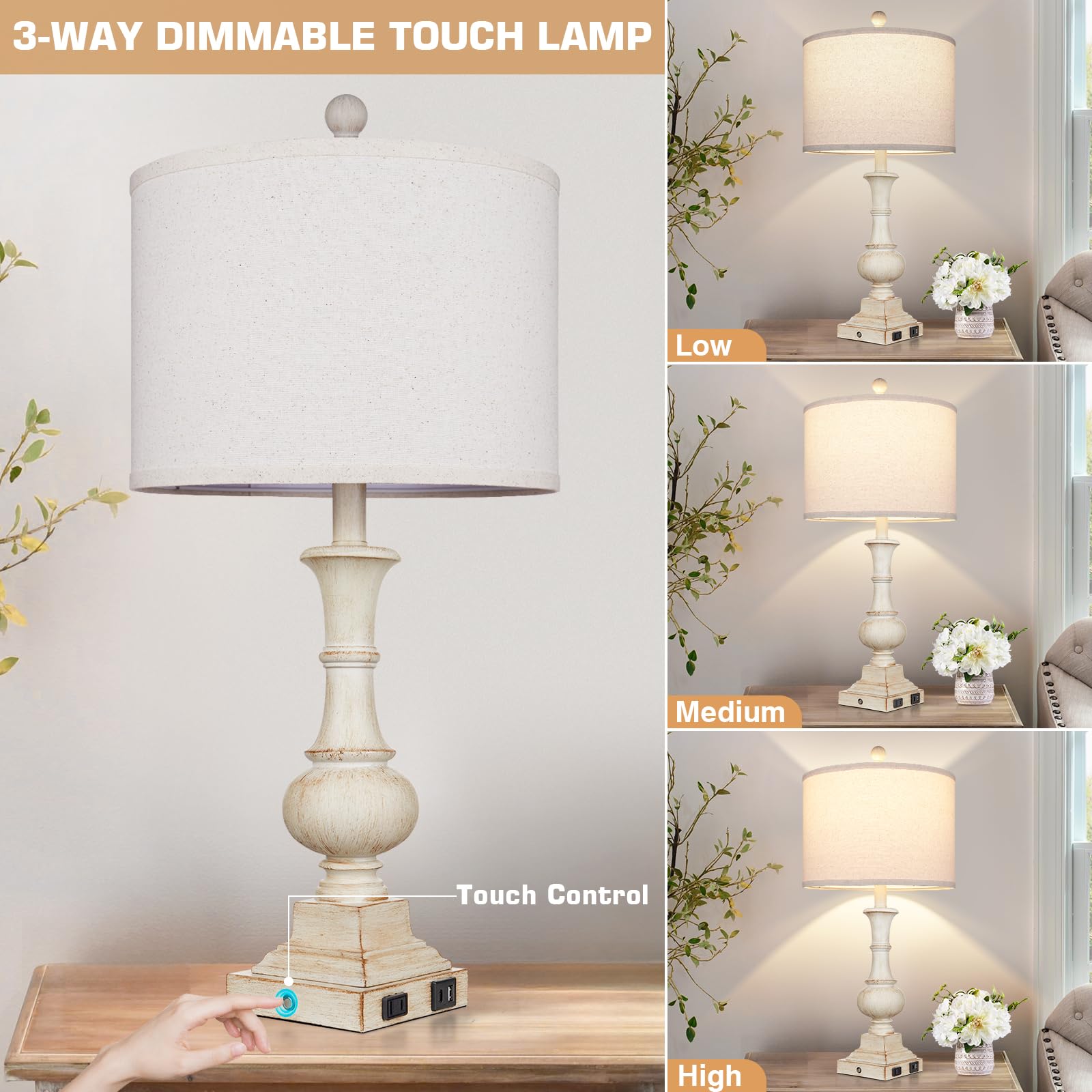 26'' Farmhouse Table Lamp, Vintage Rustic Touch Control Bedside Lamp With 2 Usb Ports & Ac Outlet, Boho Resin 3-Way Dimmable Nig