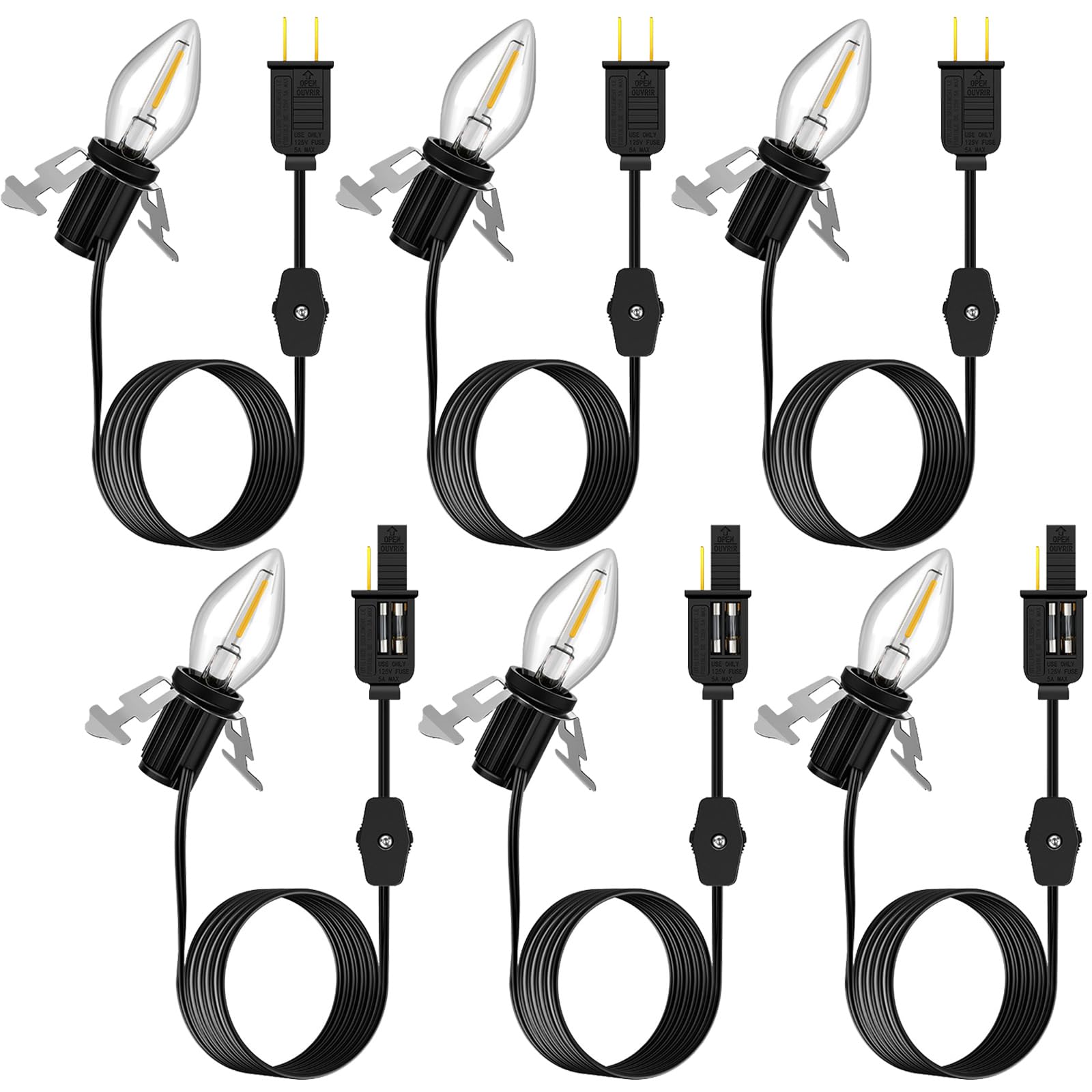 Enhon Accessory Cord with 1 LED Light Bulb, 6ft Blow Mold Light Cord with C7 Bulbs, Black Cord with On/Off Plug, Christmas Village Light for Holiday Indoor House Decoration Craft Projects(6 Pack)
