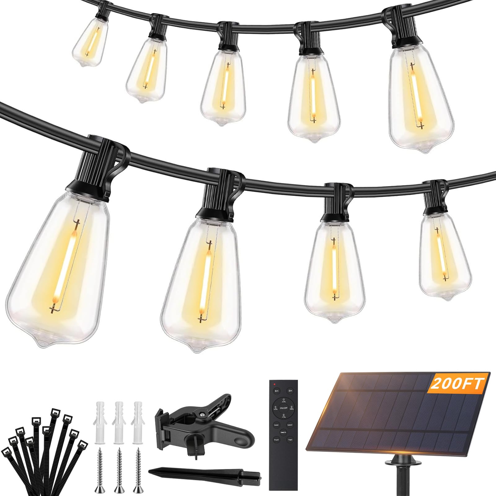 Brightever 200FT Solar String Lights Outdoor Waterproof, Patio Lights Solar Powered with Remote, 72+2 Shatterproof ST38 LED Bulb