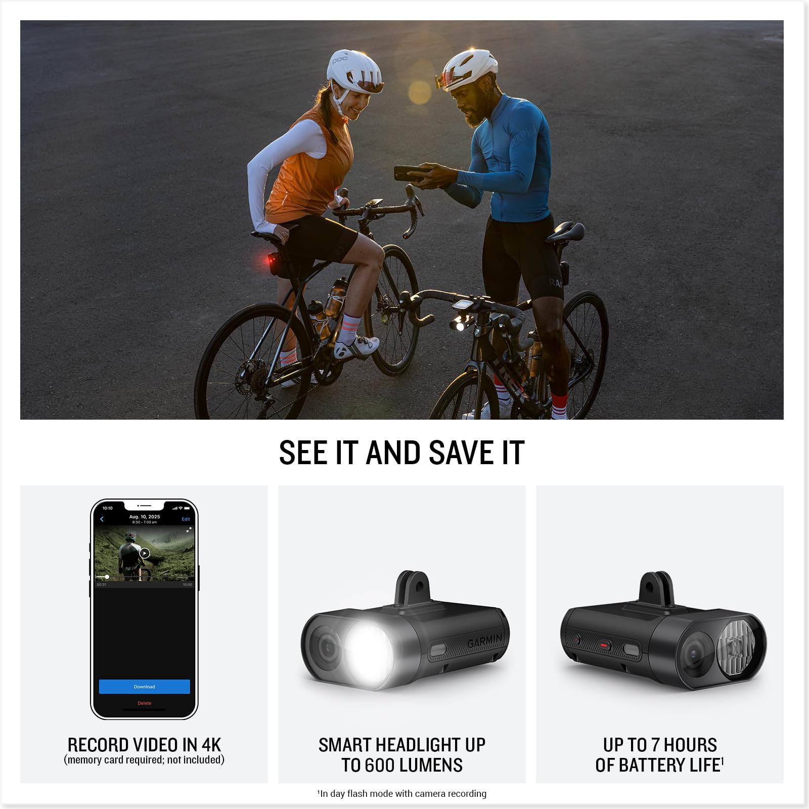 Garmin Varia Vue, Cycling Headlight And 4K Camera, Light Intensity Up To 600 Lumens, Crystal-Clear Video Recording, Incident Det