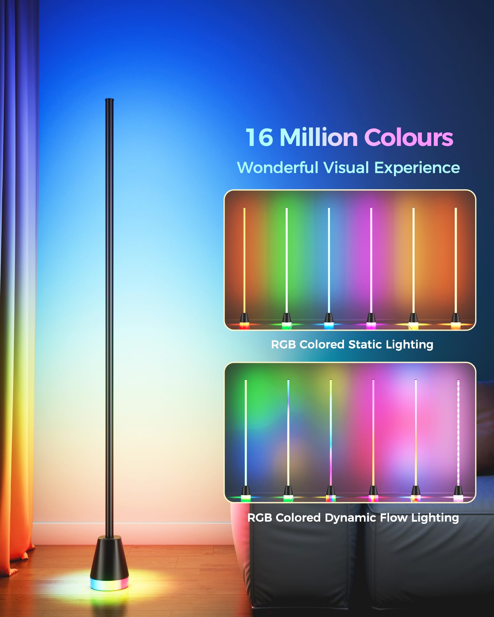 CCACC Smart RGB LED Corner Floor Lamp with App & Remote Control, 172 Light Beads, Music Sync, Black