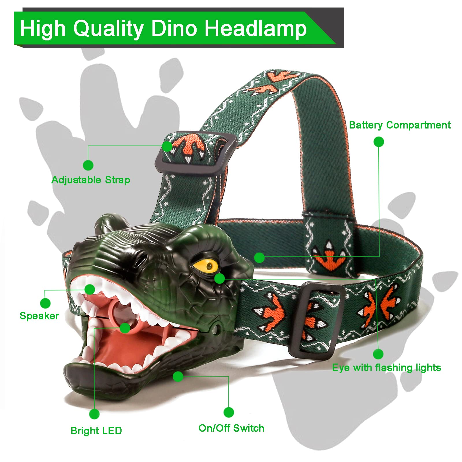Lelefa Dinosaur Kids Headlamp, T-Rex Dinosaur Led Headlamp Flashlight, Dinosaur Toy Headlamp Flashlight With 4 Lighting Mode For