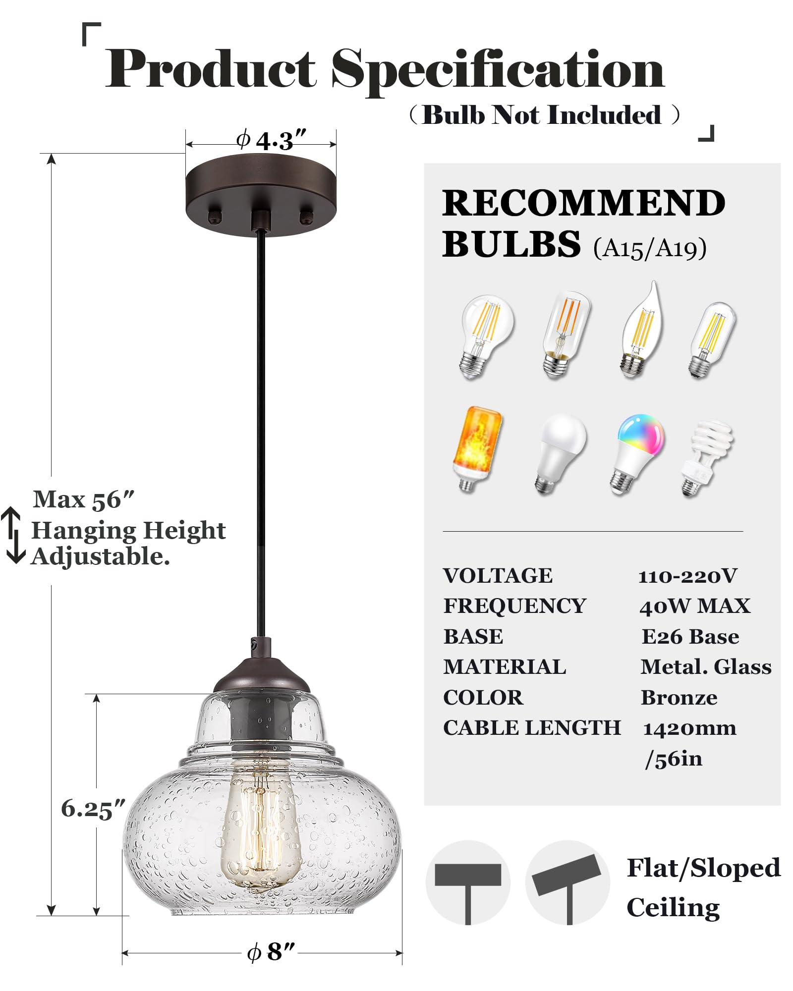Elyona 8&quot; Industrial Pendant Light, Seeded Bubble Glass, Oil Rubbed Bronze For Kitchen & Dining