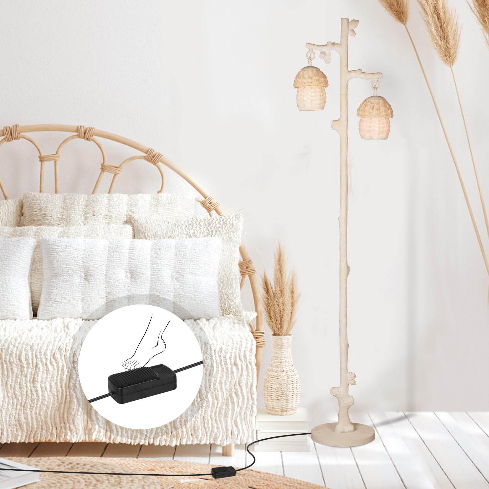 Rattan Floor Lamp With Faux Wood Finish, Boho Floor Lamps With Faux Pinecone And Leaves Decor, Beige