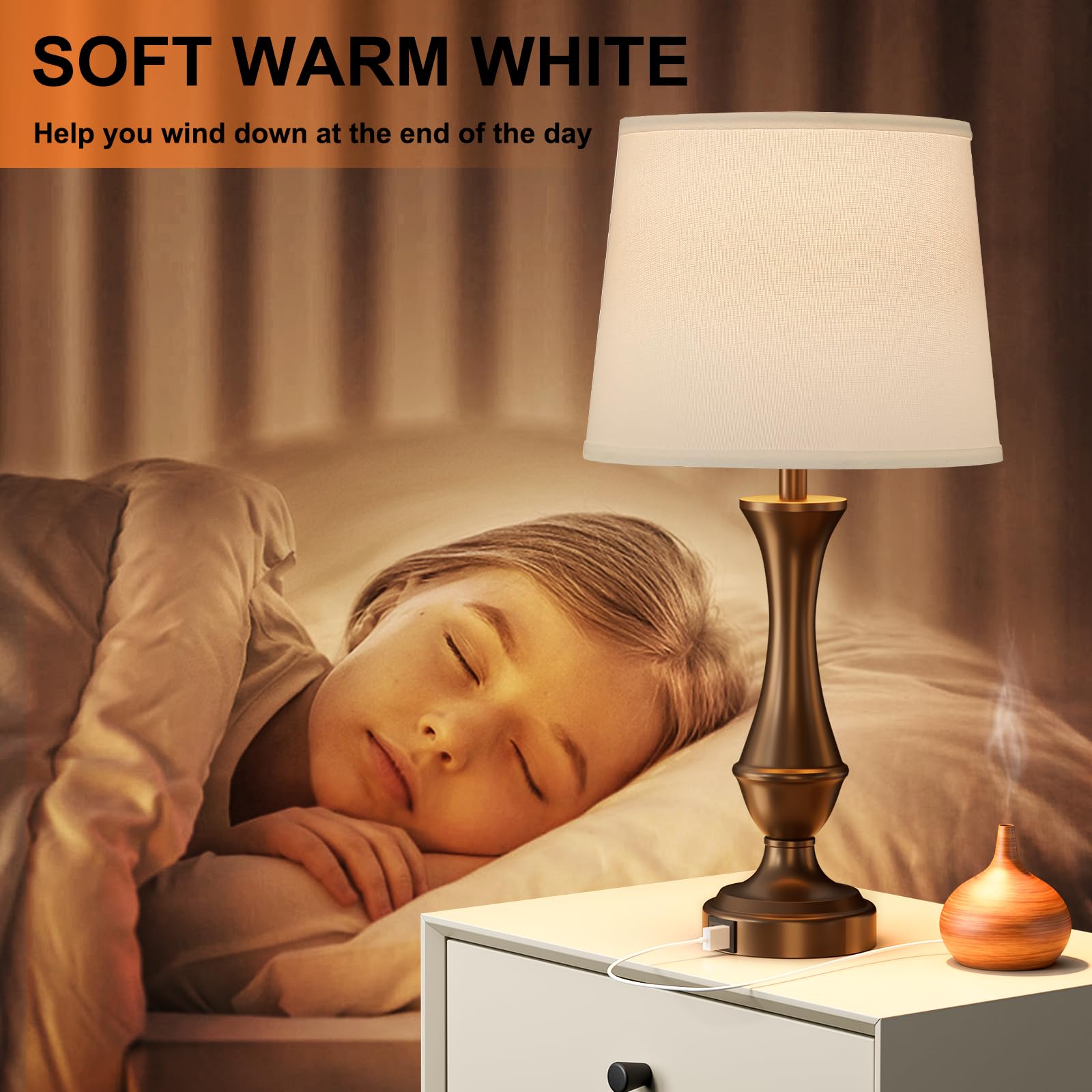 Seealle Touch Lamps Set of 2 - 3 Way Dimmable, USB C+A, Metal, White Shade & Brown Base, Model 04079