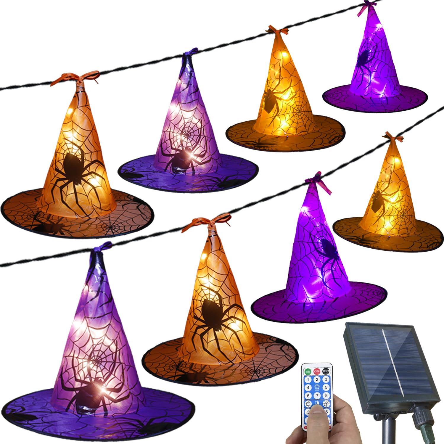 Xingpold Outdoor Solar Witch Hat String Lights - 8 Glowing Hats, 33 FT, 8 Modes, Waterproof for Halloween Decor