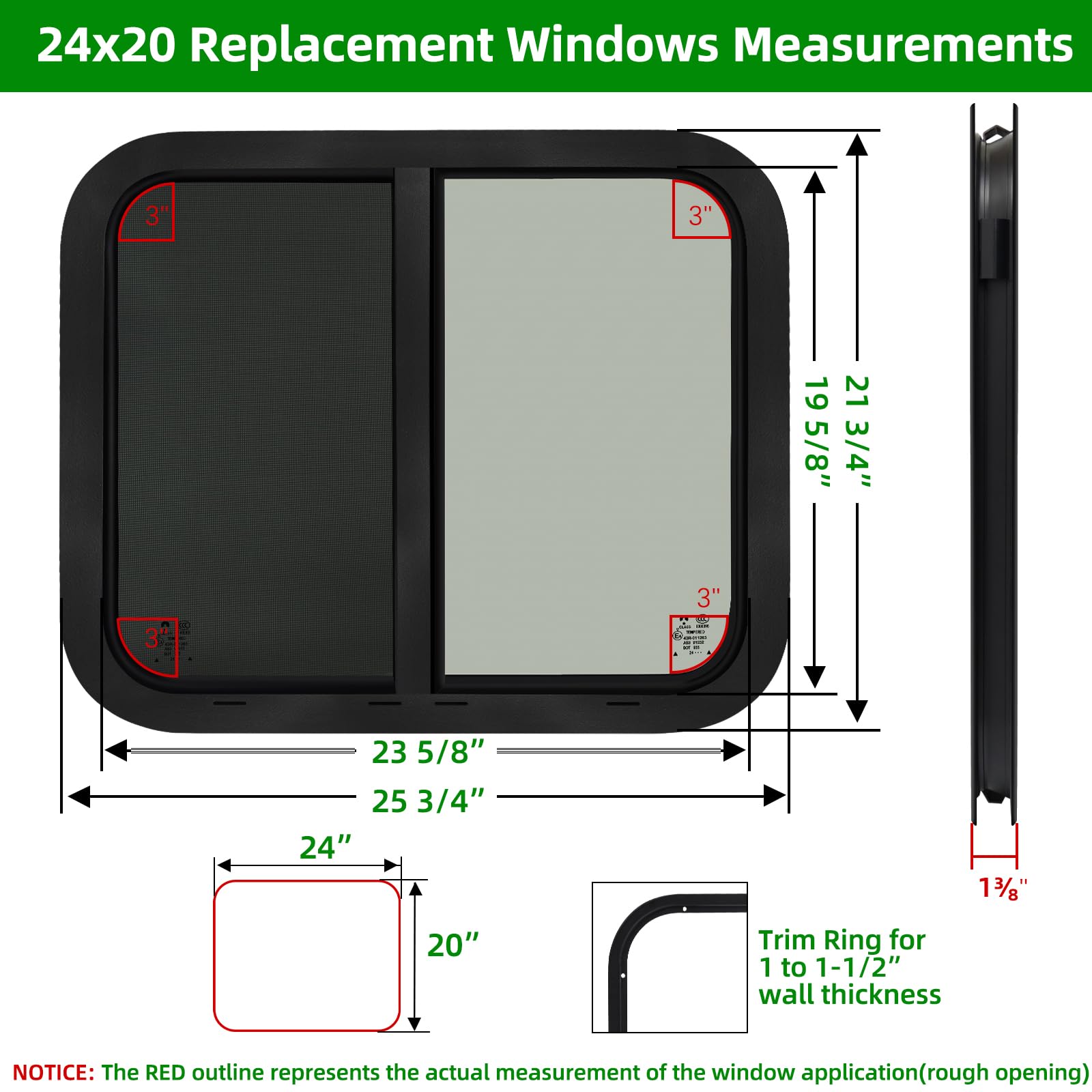 NOVINO Cargo Trailer Windows, 24inW x 20inH, Tempered Glass, Horizontal Sliding, Black, Model NRW-007, DOT Approved