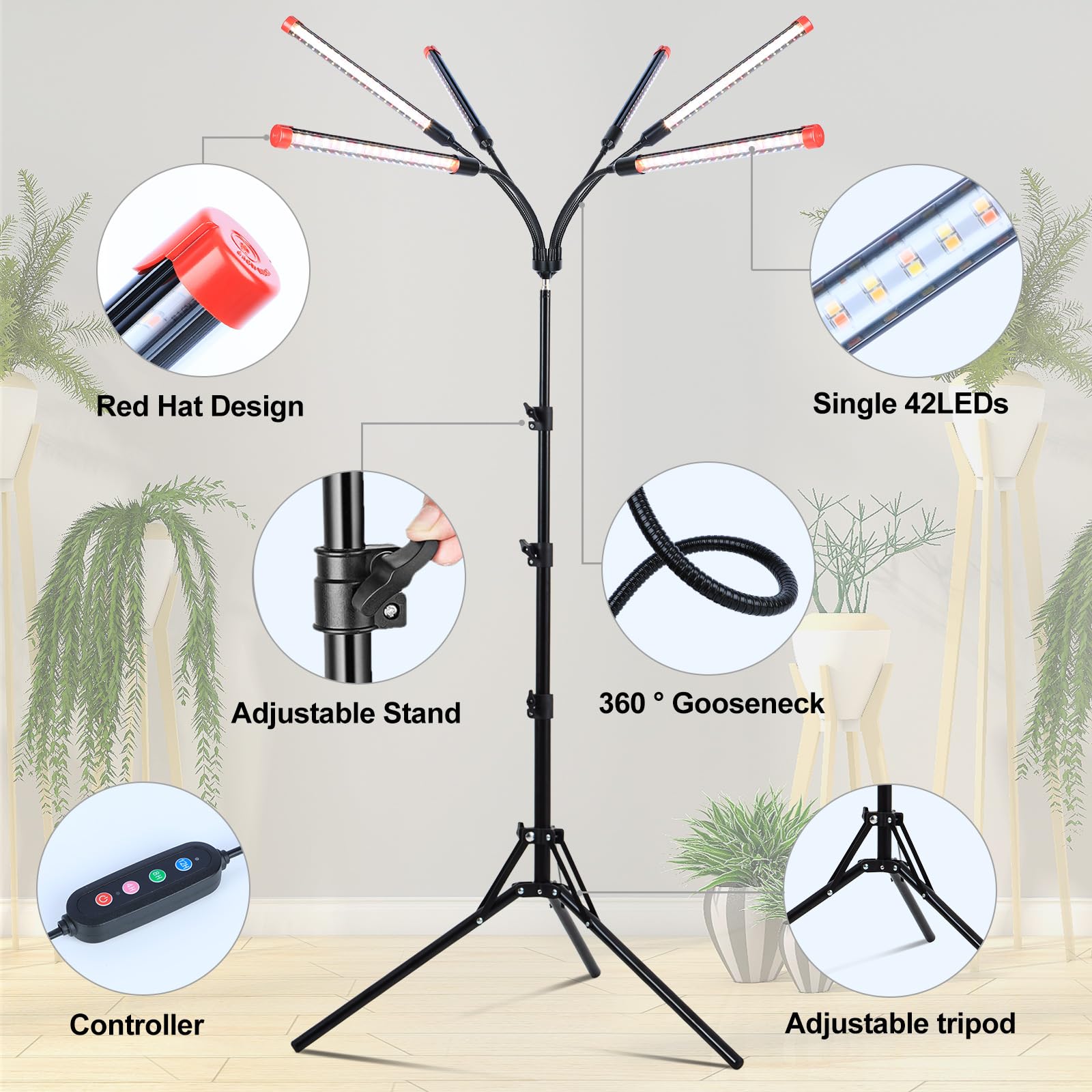 FRGROW 6-Head Grow Lights for Indoor Plants, 54W Full Spectrum, Auto Timer, Tripod Stand, Black, Model ZH_GL_RH