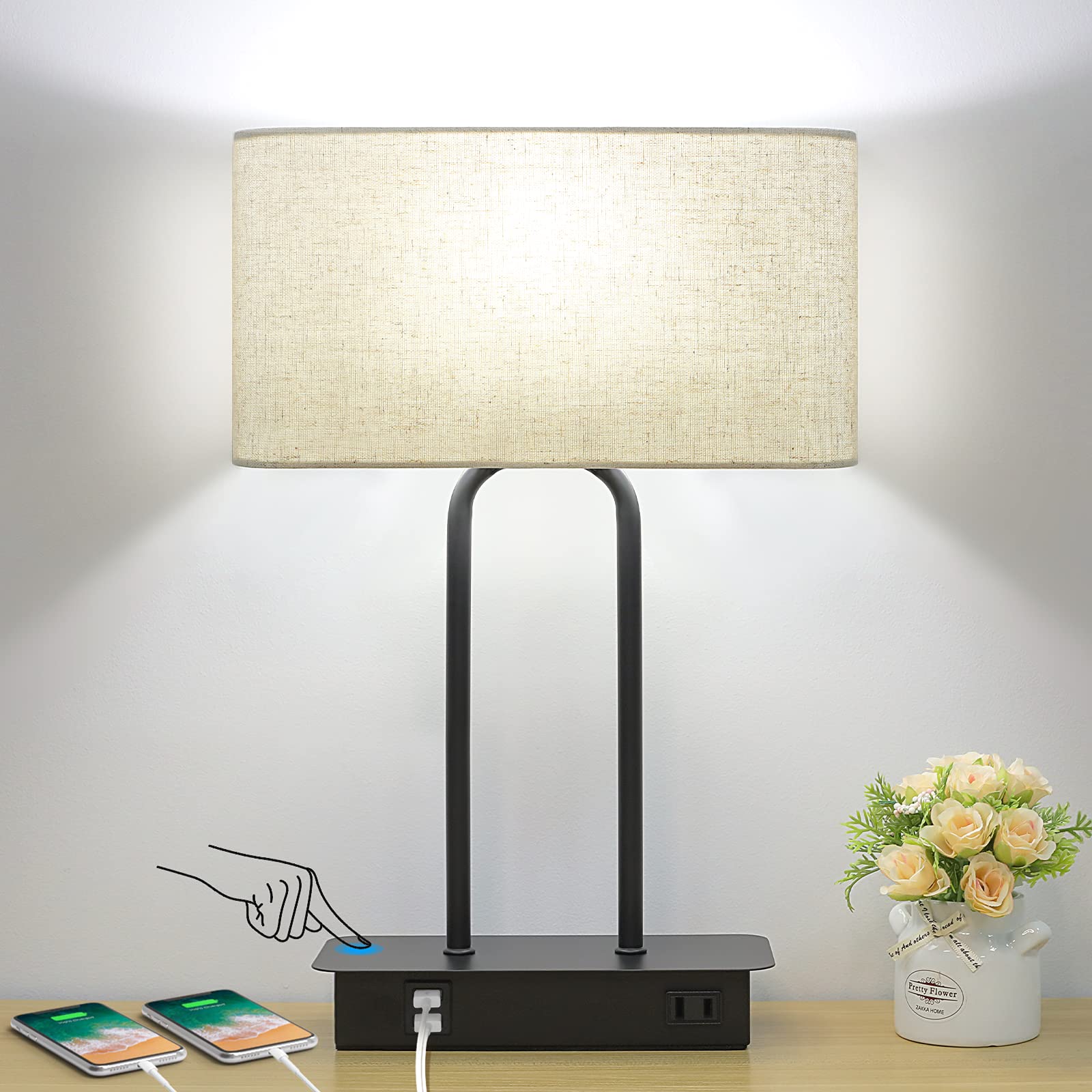 Lakumu Bedside Touch Control Table Lamp with USB Ports, 3-Way Dimmable, Cream Fabric Shade, 1-Pack, Model T0313 BK+CL 50