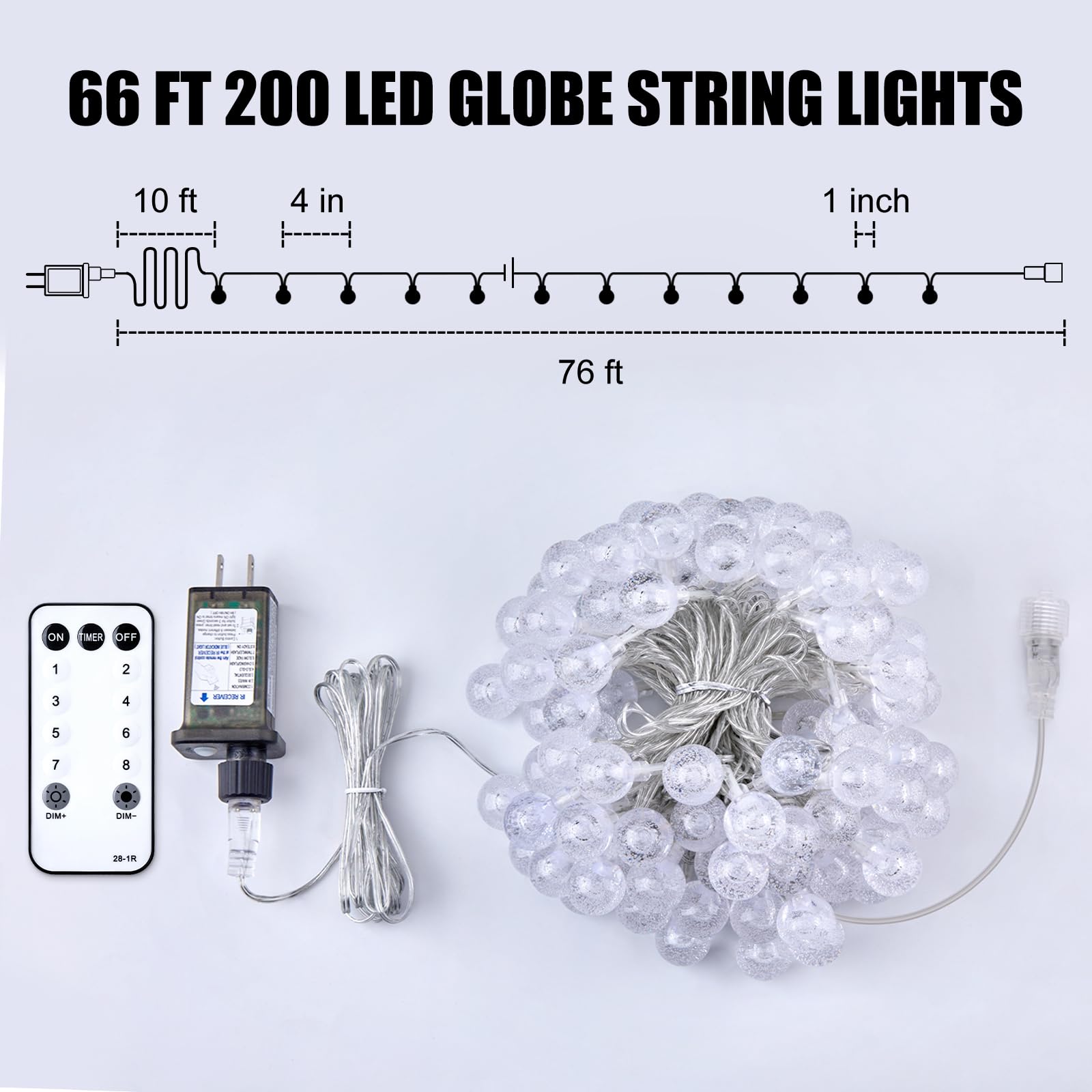 Minetom Crystal Globe String Lights - 66 ft, 200 LEDs, Waterproof, Warm White, Remote & Timer, Perfect for Decor