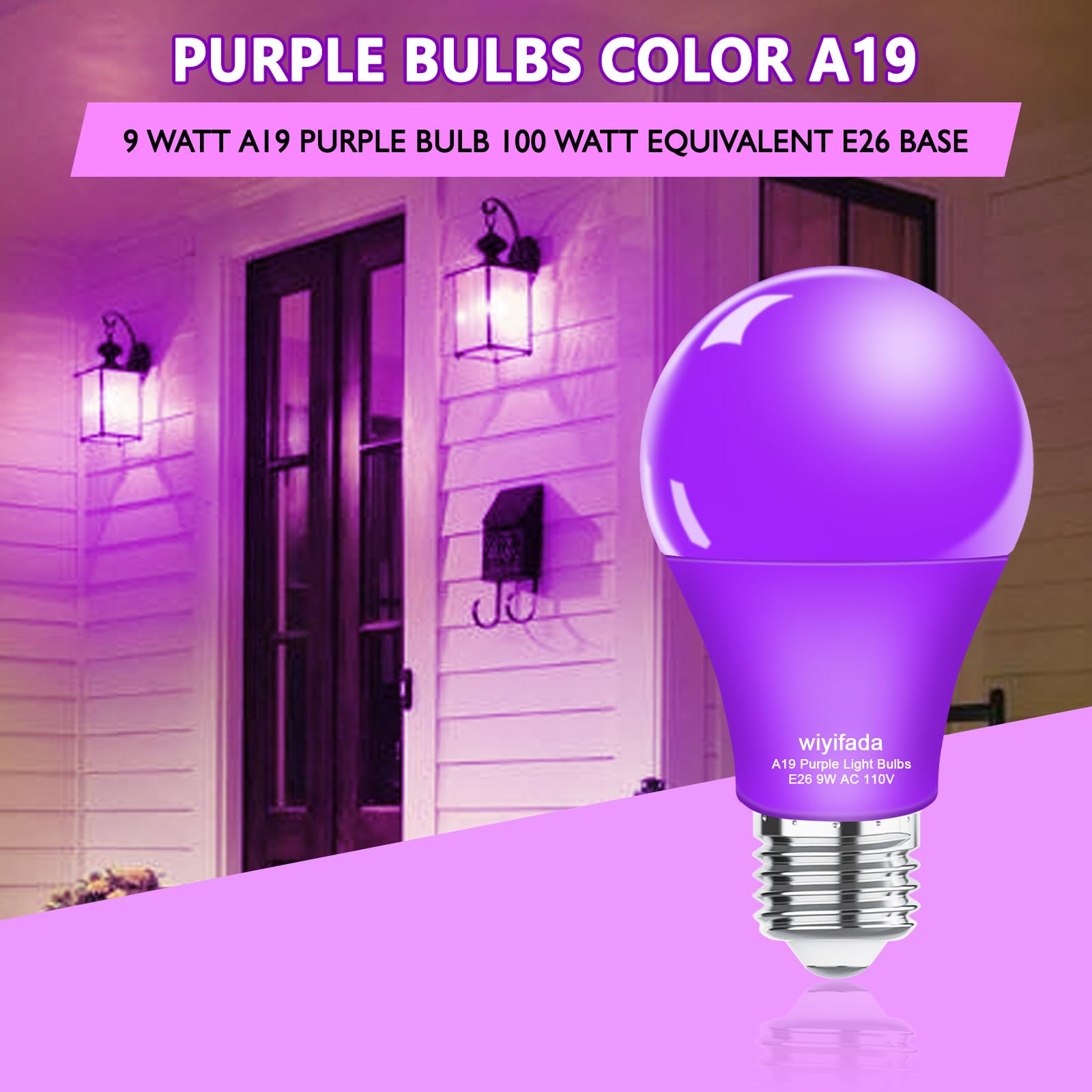 Wiyifada Led A19 Purple Light Bulb 4 Pack, 9W Purple Led Light Replace Up To 100W, E26 Base Ac110V Dimmable Colored Light Bulb F